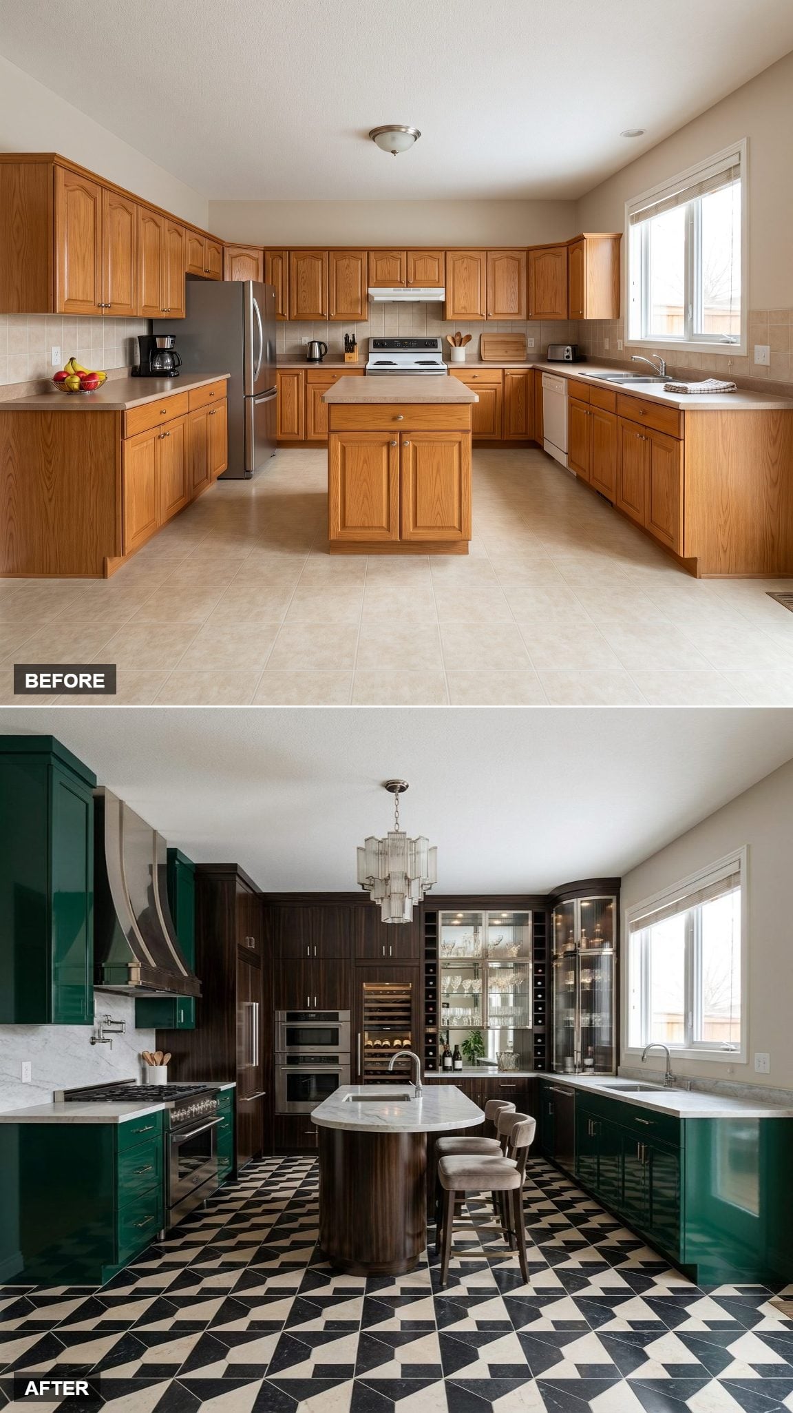 Art Deco Jewel Box Kitchen with Emerald Lacquer Cabinetry and a Built-In Cocktail Wall