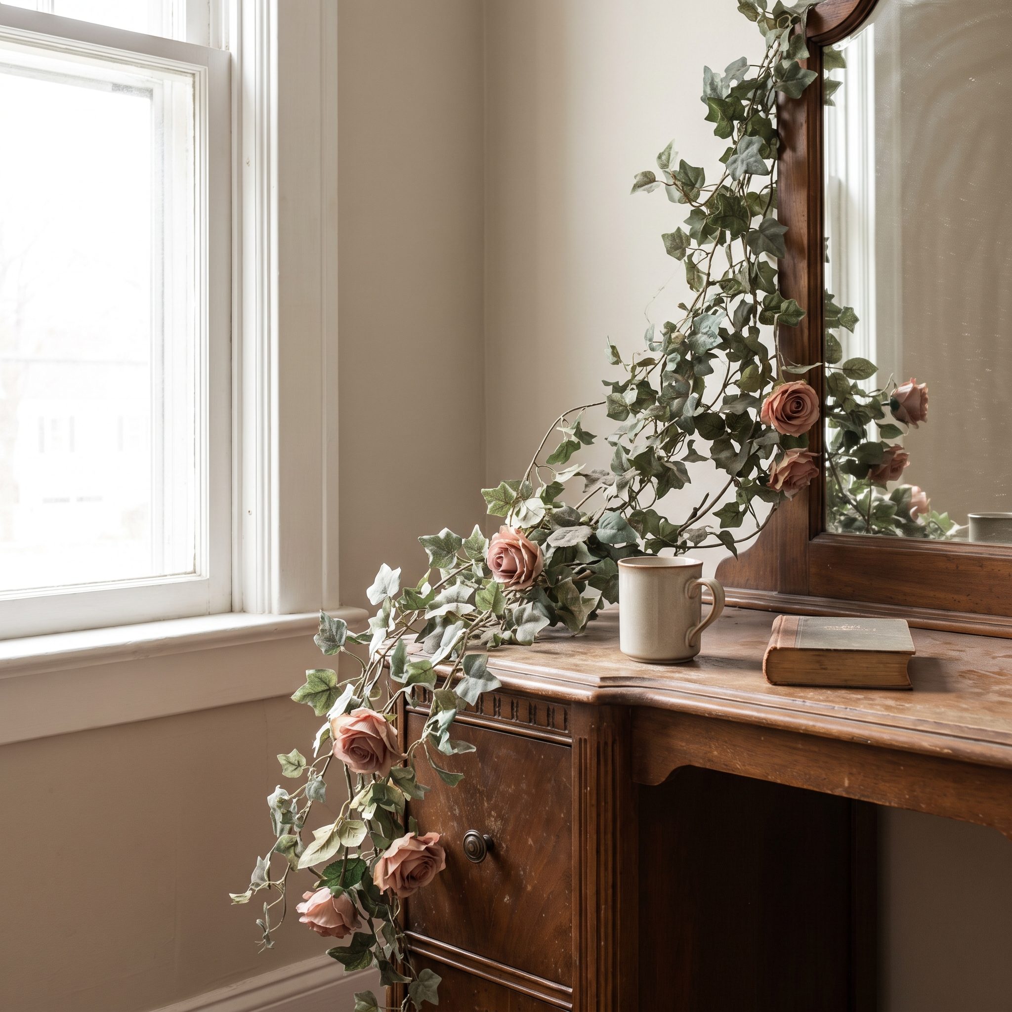 Artificial Ivy or Silk Flowers Trailing Off the Vanity and Never Once Needing Water