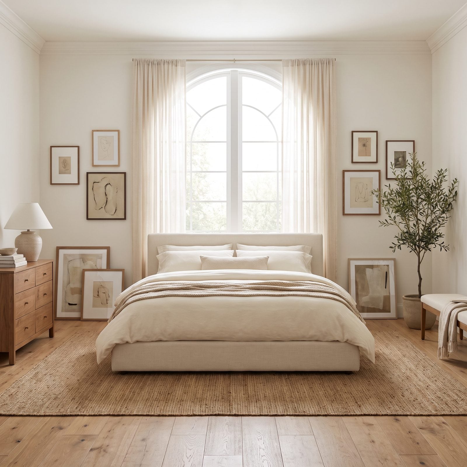 Bedroom where art hangs off to one side of the window because the wall above the bed is taken up by glass.