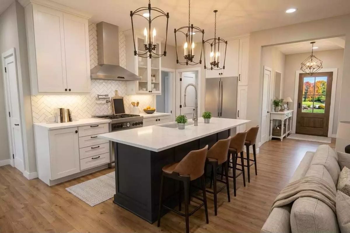 Dark Island Base, Leather Barstools, and Three Pendant Lights That Mean Business