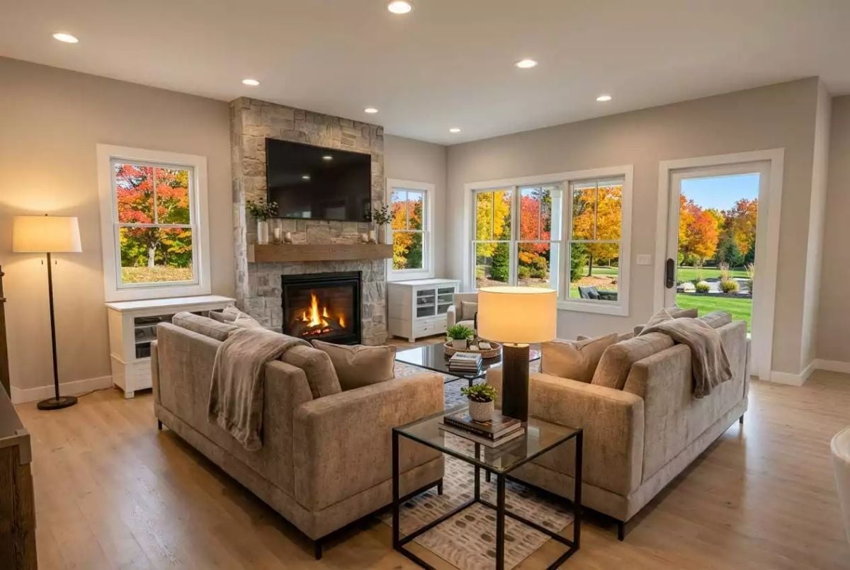 Stone Fireplace, Fall Color Outside, and Nowhere You'd Rather Be in October