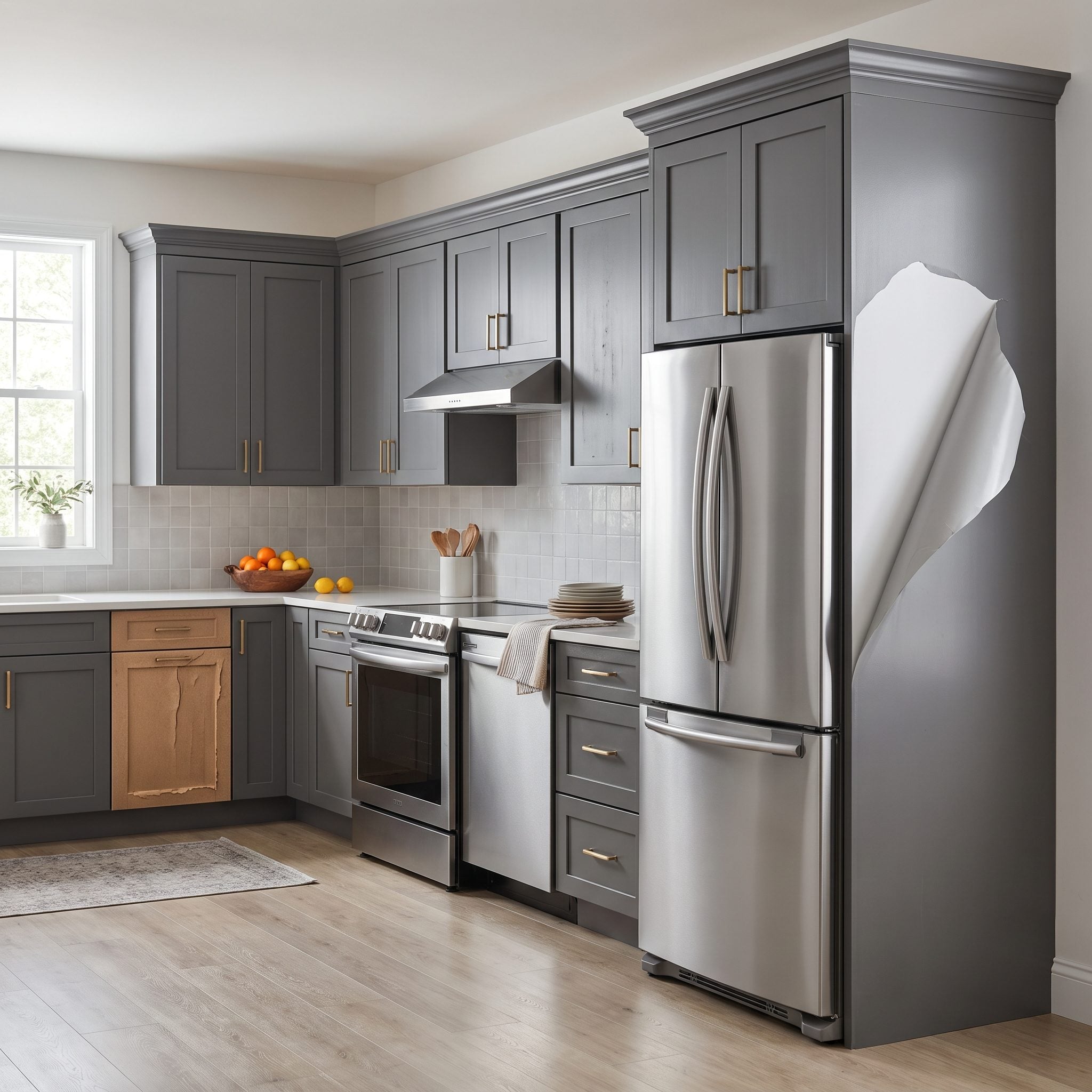 Charcoal-gray cabinets showing good paint on wood but swelling MDF edges, veneer flaws, and peeling laminate on the end