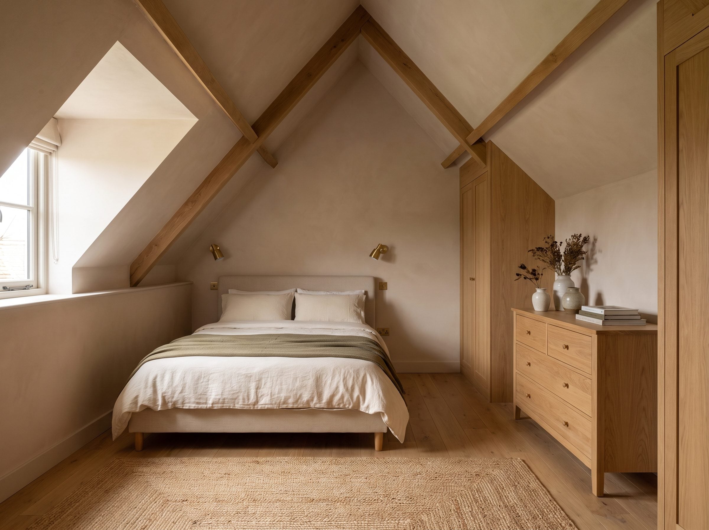 Attic bedroom with a queen bed against the knee wall under a sloping ceiling and a clear central walkway down the middle.