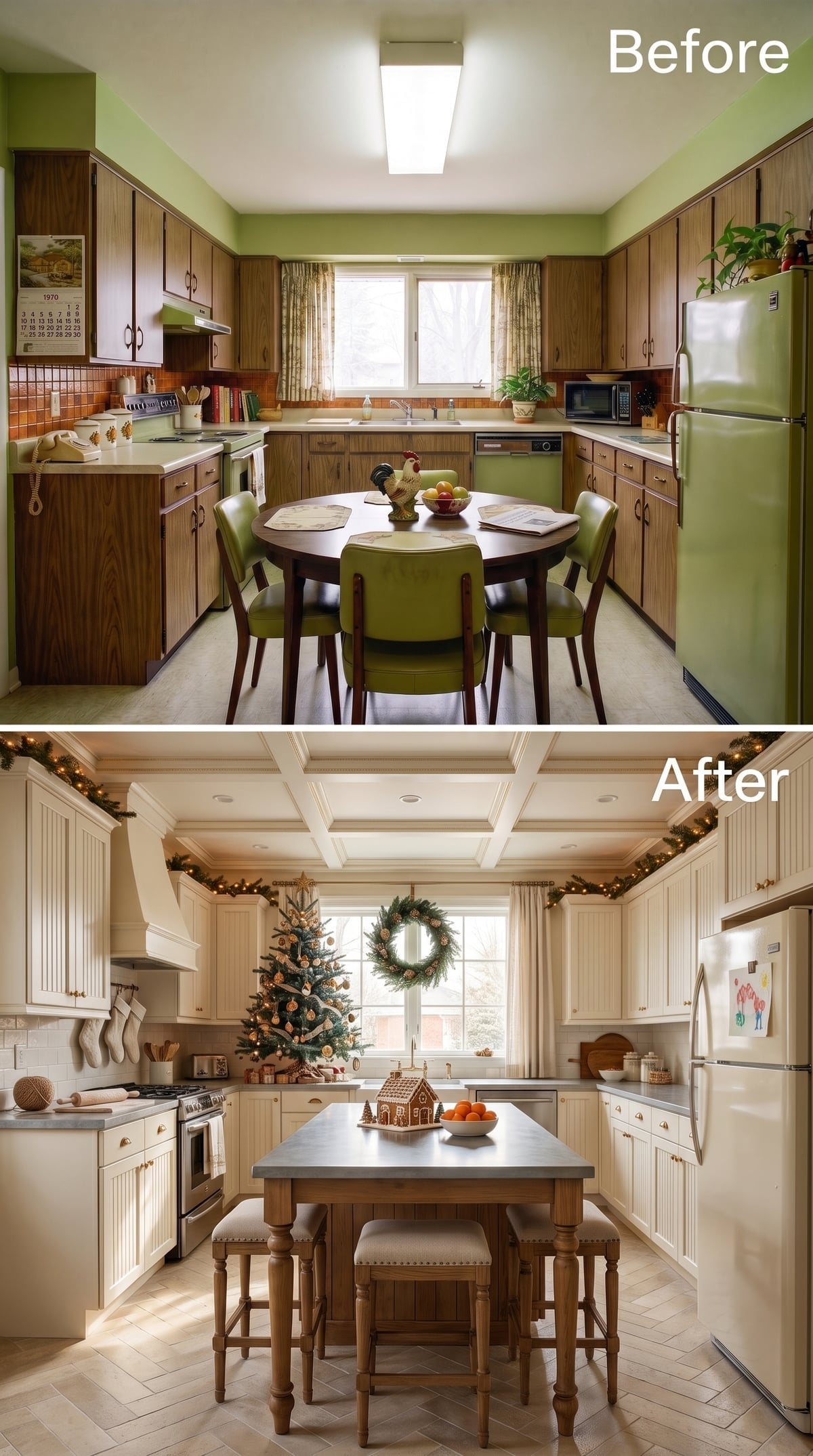 Beadboard Cabinets, Zinc Counters, and a Coffered Ceiling Built for Christmas Morning