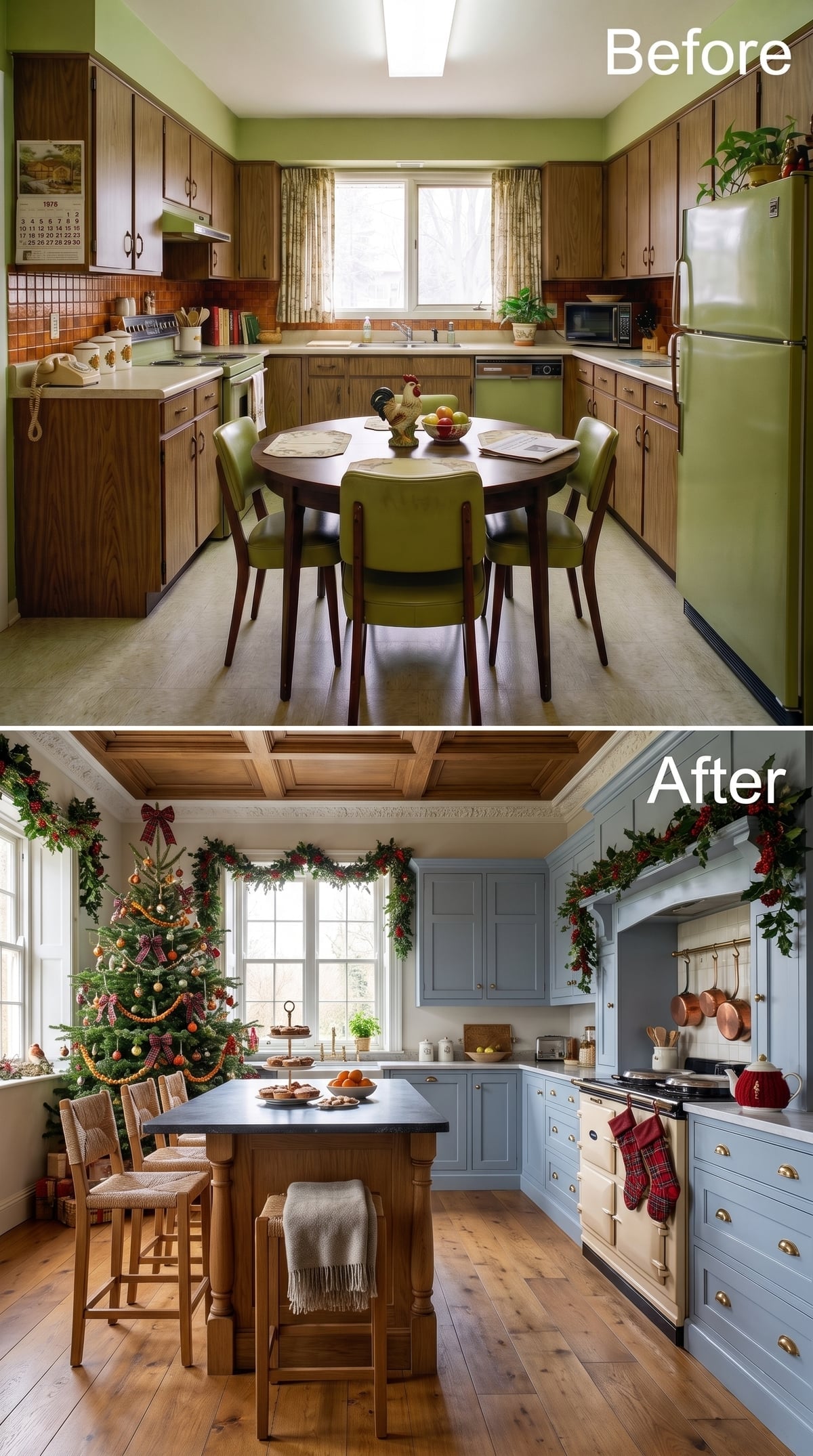 Blue-Gray Cabinets, Copper Pans, and Christmas Garland That Earns Every Inch