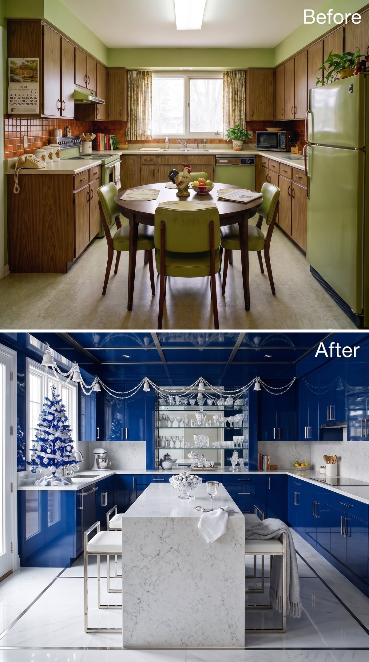 Cobalt Lacquer, Marble Waterfall Island, and Christmas Garland That Means Business