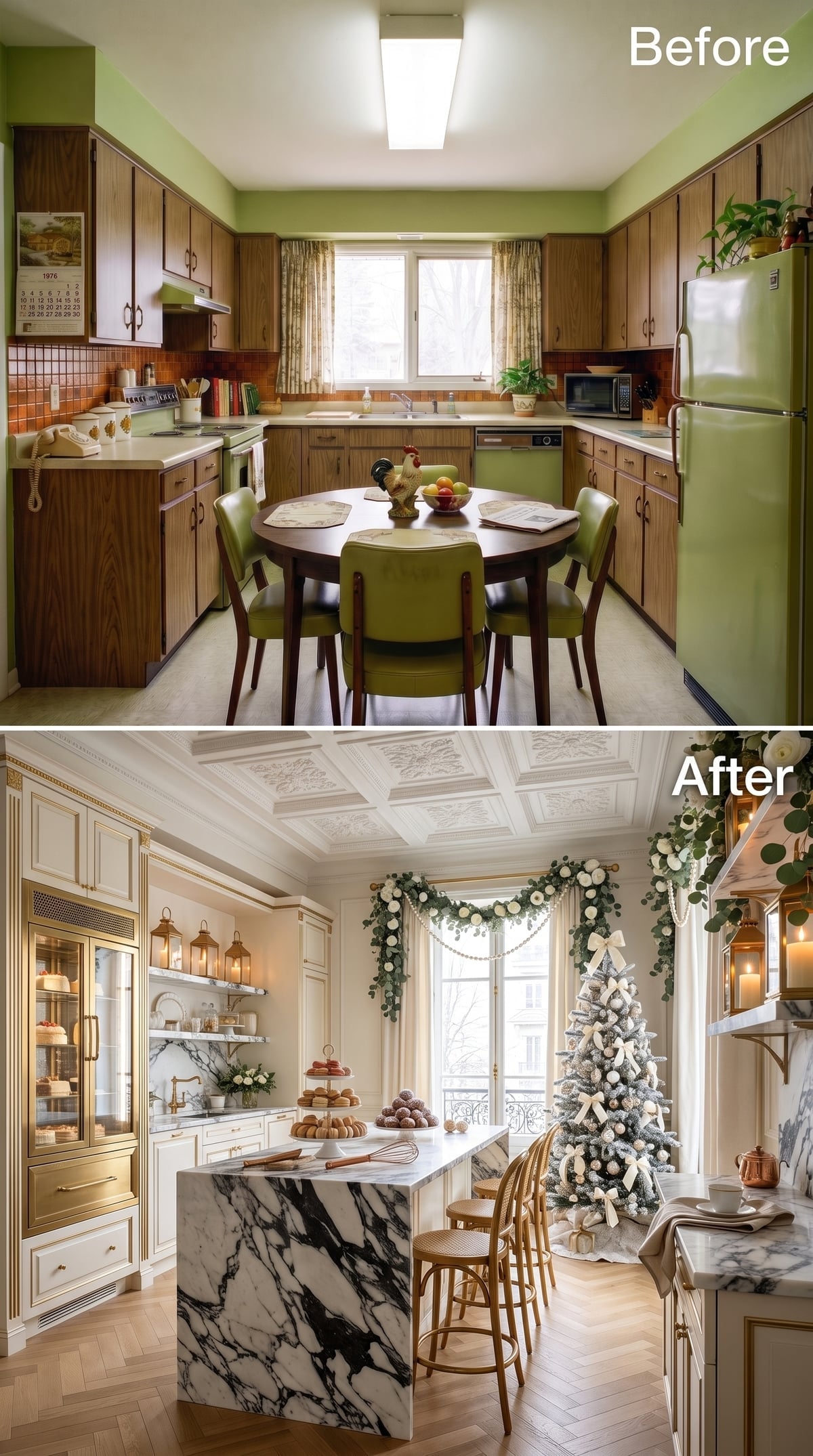 Coffered Plaster, Arabescato Marble, and a Kitchen That Treats Christmas Like an Event
