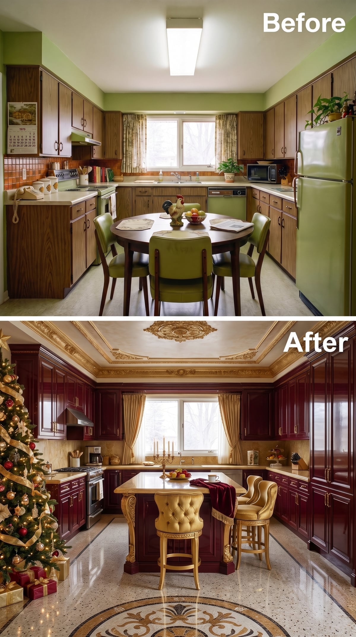 Crimson Lacquer, Gold Molding, and a Kitchen That Means Business