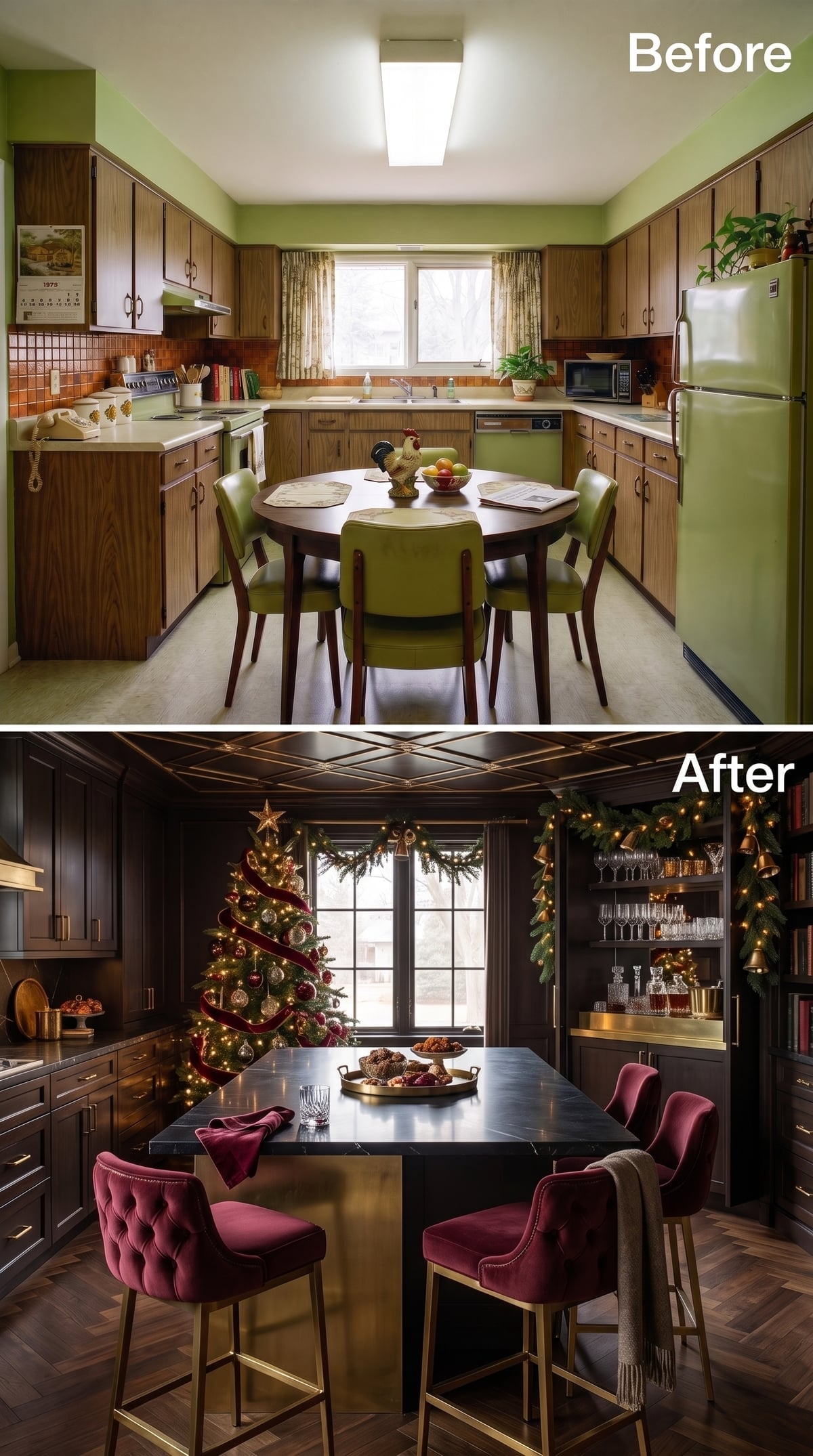 Dark Cabinets, Velvet Barstools, and a Bar Cart That Earns Its Place
