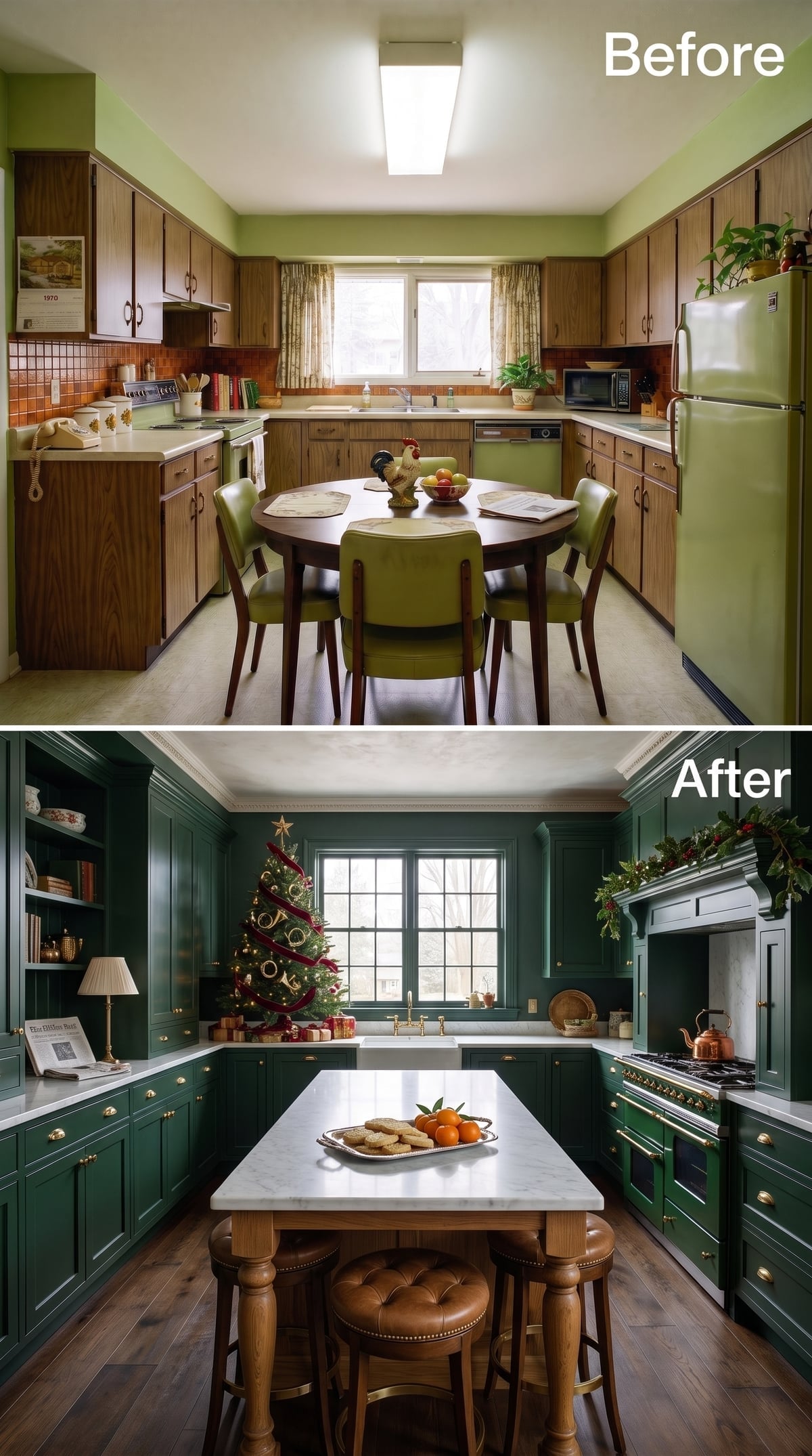 Dark Green Cabinets, Marble Island, and Christmas Morning Done Properly