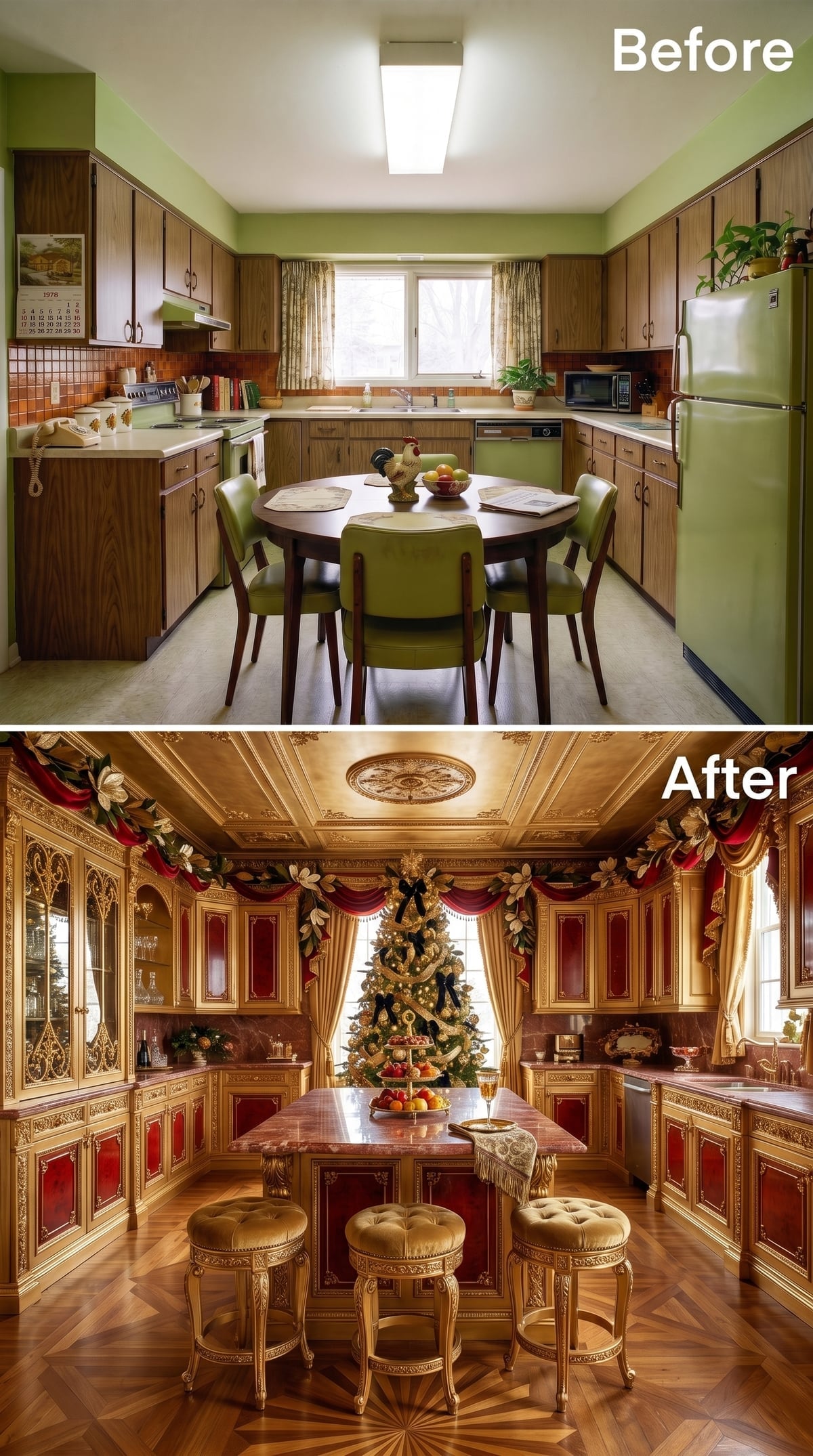 Gilded Cabinetry, Rose Marble, and Christmas Garland That Knows Its Audience