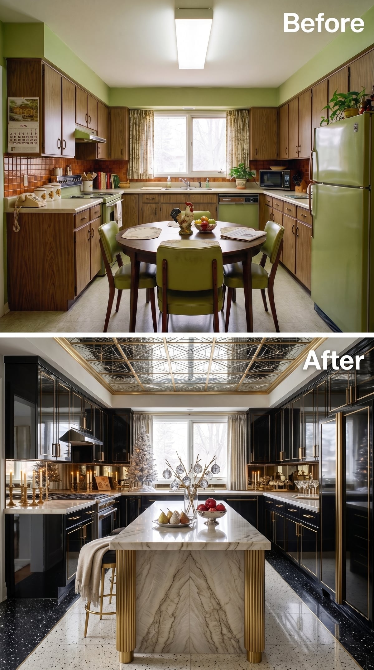 Lacquered Black Cabinets, Mirrored Ceiling, and a Marble Island That Commands the Room
