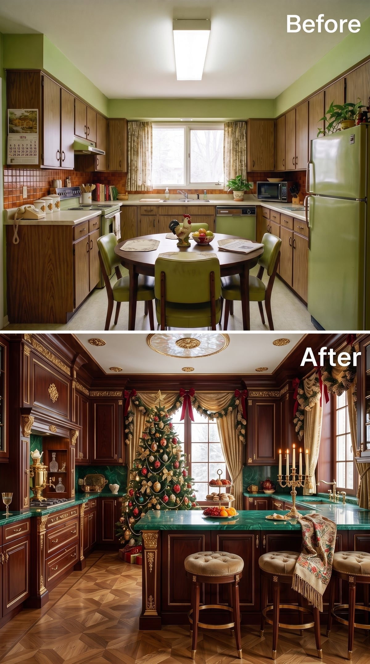 Mahogany, Emerald Marble, and Gold Hardware That Takes Christmas Seriously