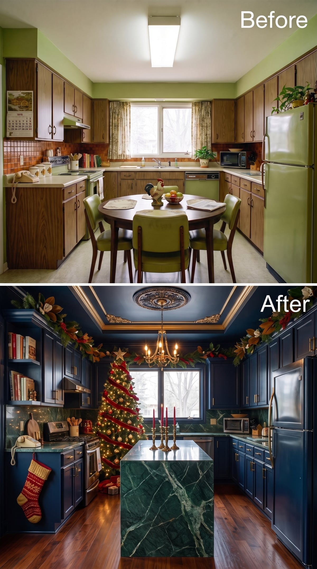 Navy Cabinets, Green Marble, and a Tray Ceiling That Makes Christmas Feel Earned