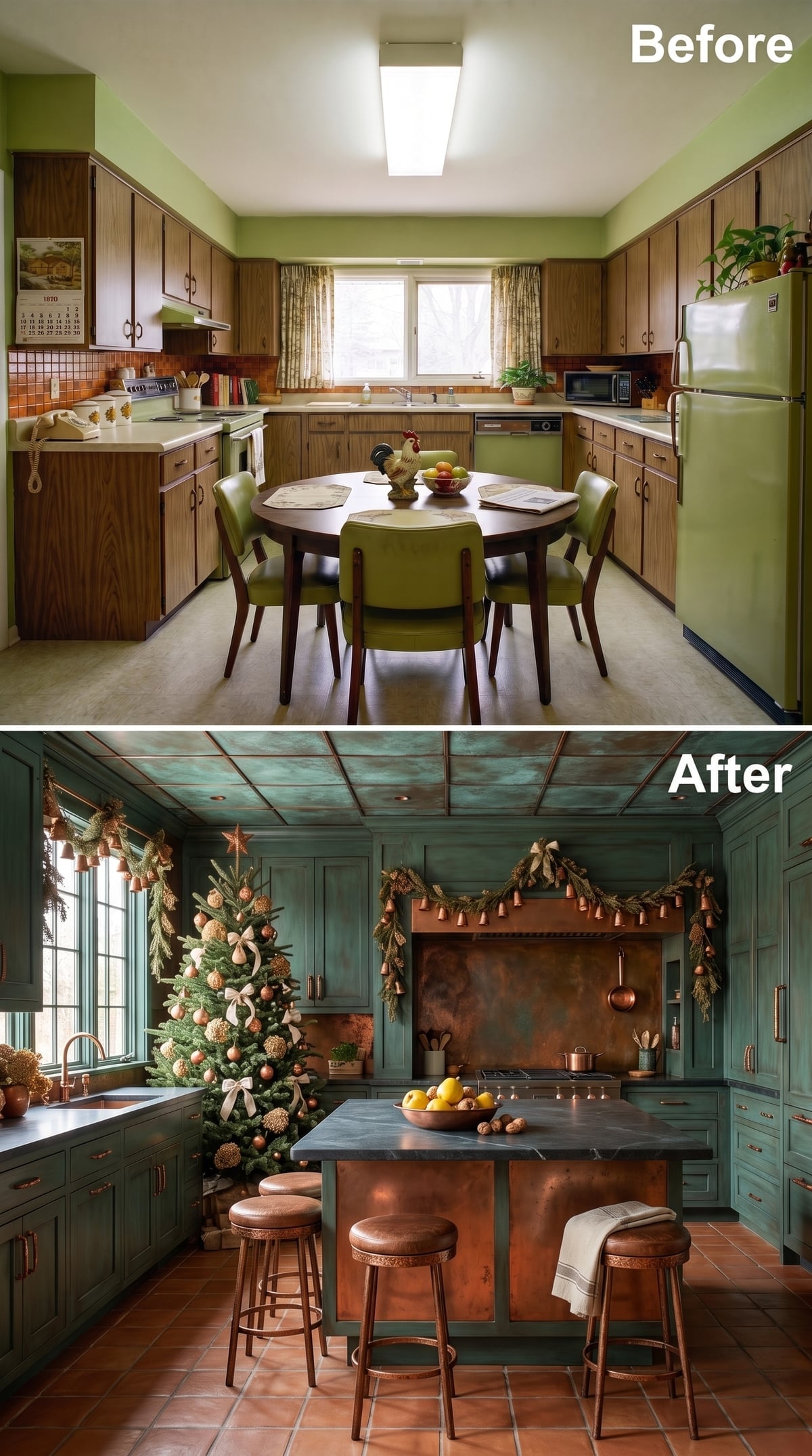 Verdigris Cabinets, Hammered Copper, and Christmas Bells That Actually Earn the Ceiling