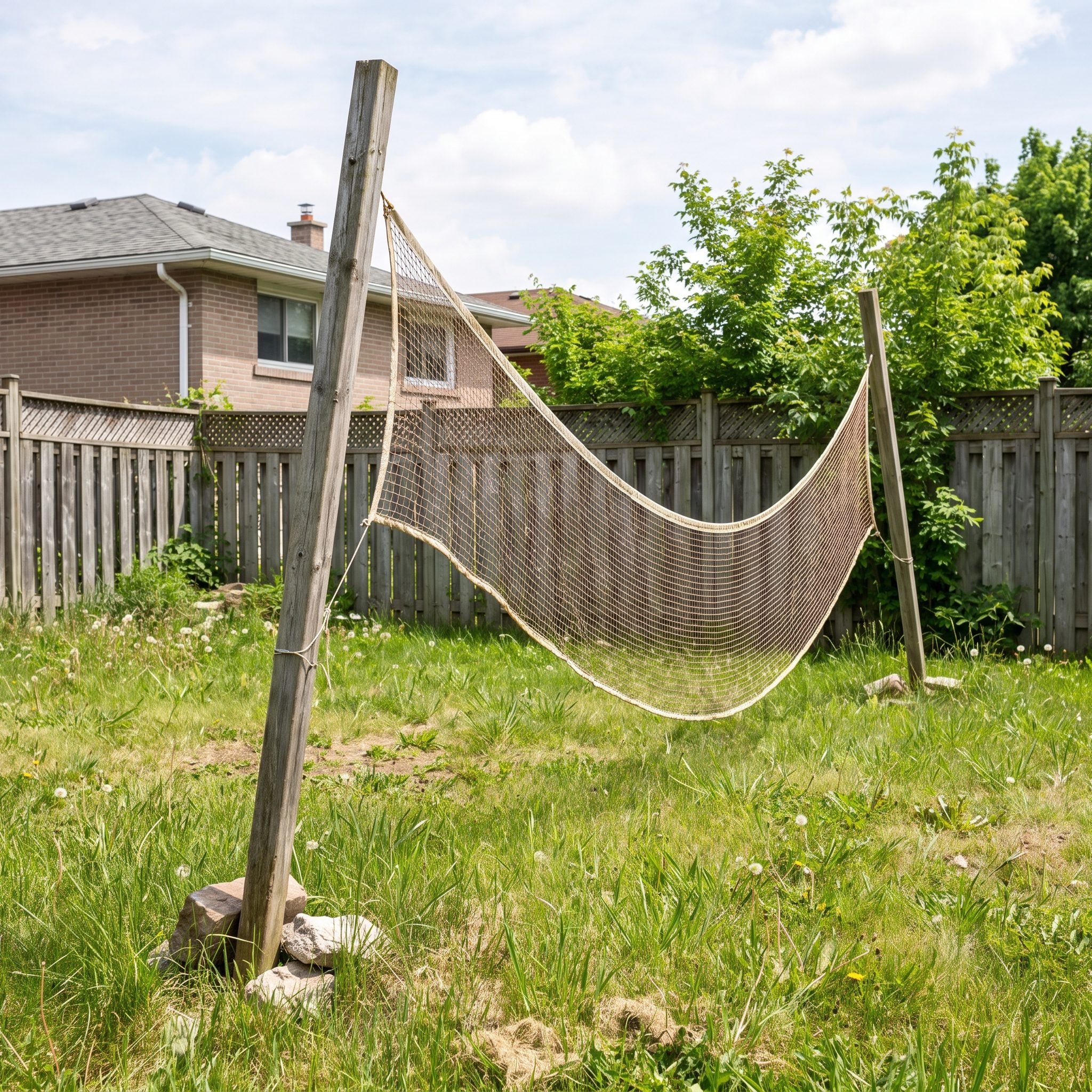 Backyard badminton net stretching across a suburban lawn