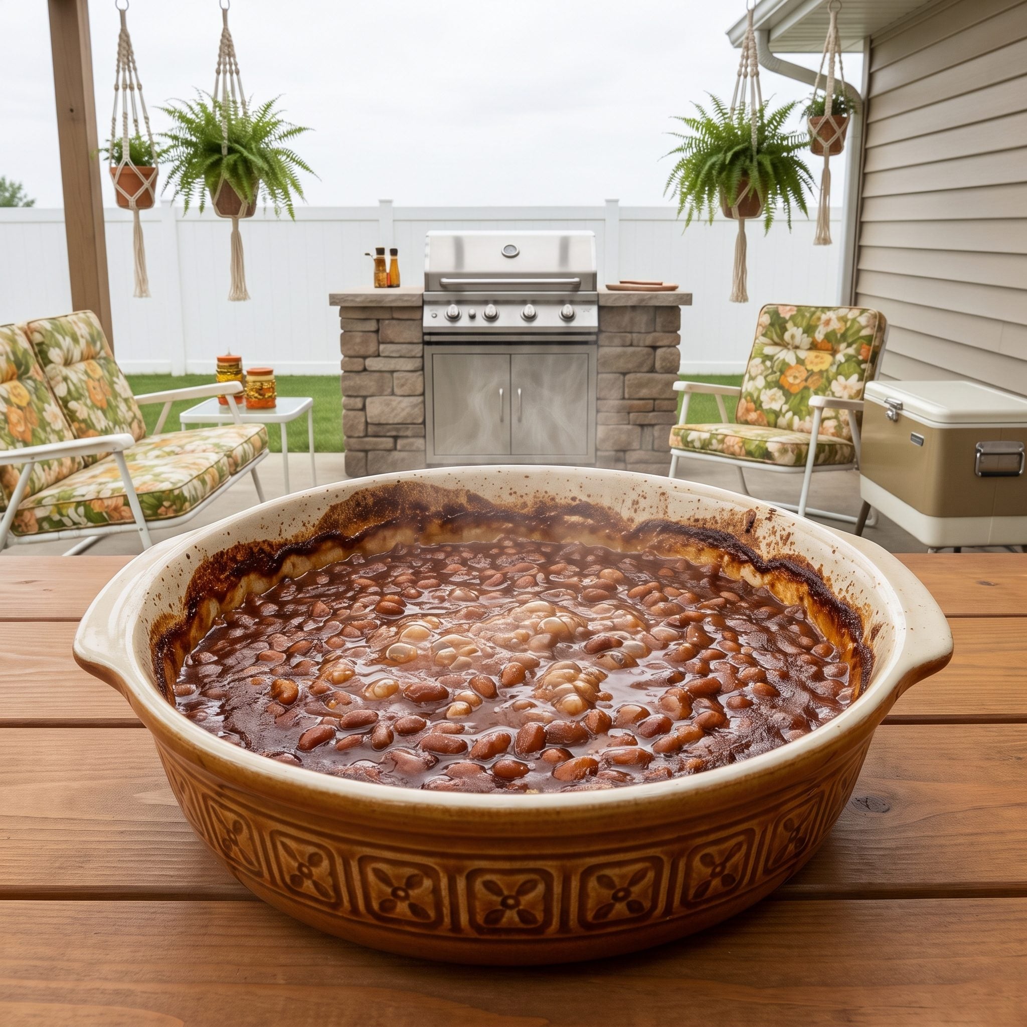 Baked beans bubbling in an amber casserole dish