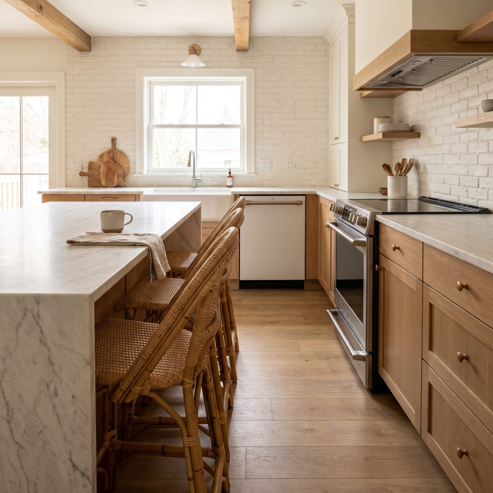 White oak kitchen with four rattan counter stools sticking into a narrow walkway beside lower cabinets.