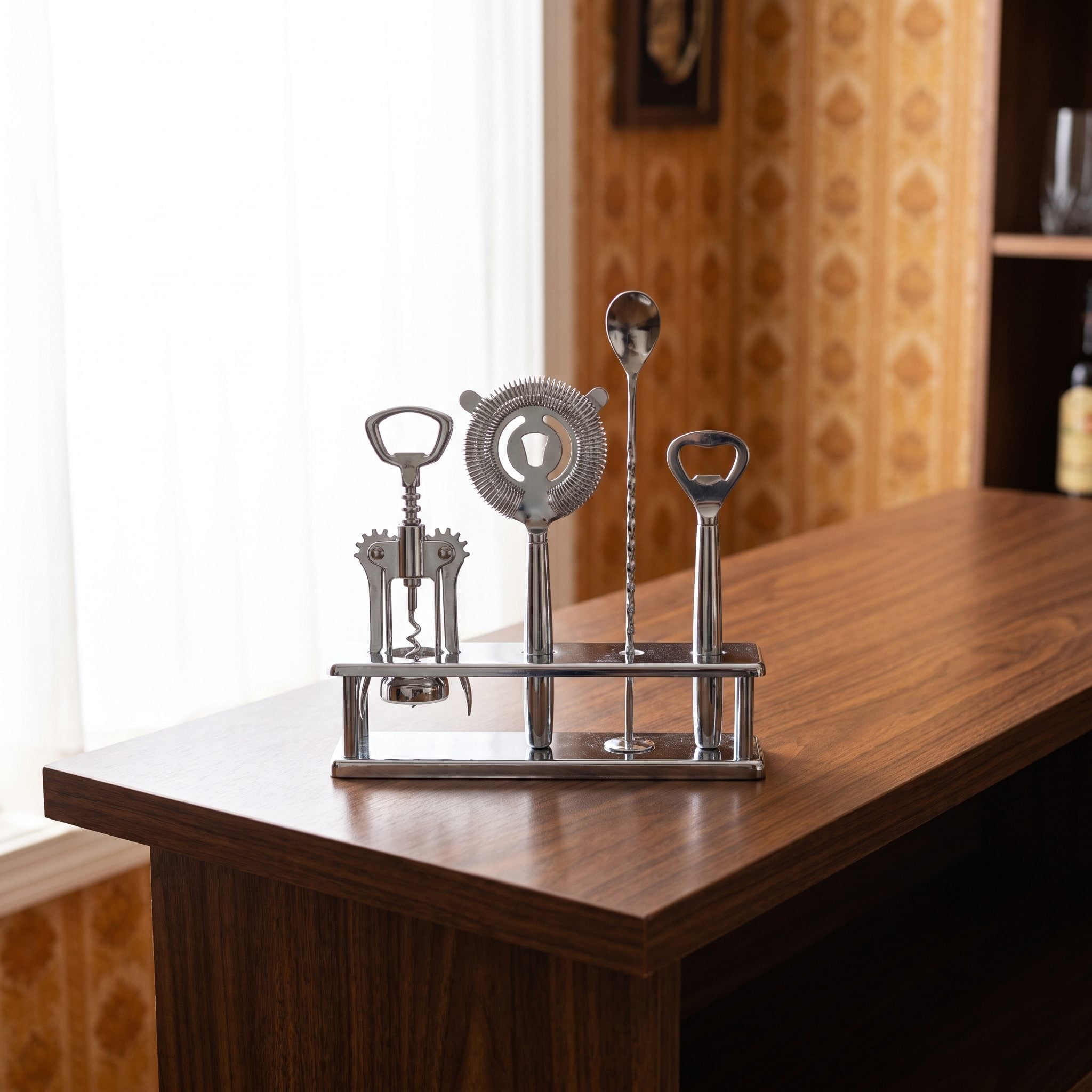 The Bar Tool Set With a Corkscrew, Strainer, Spoon, and Bottle Opener