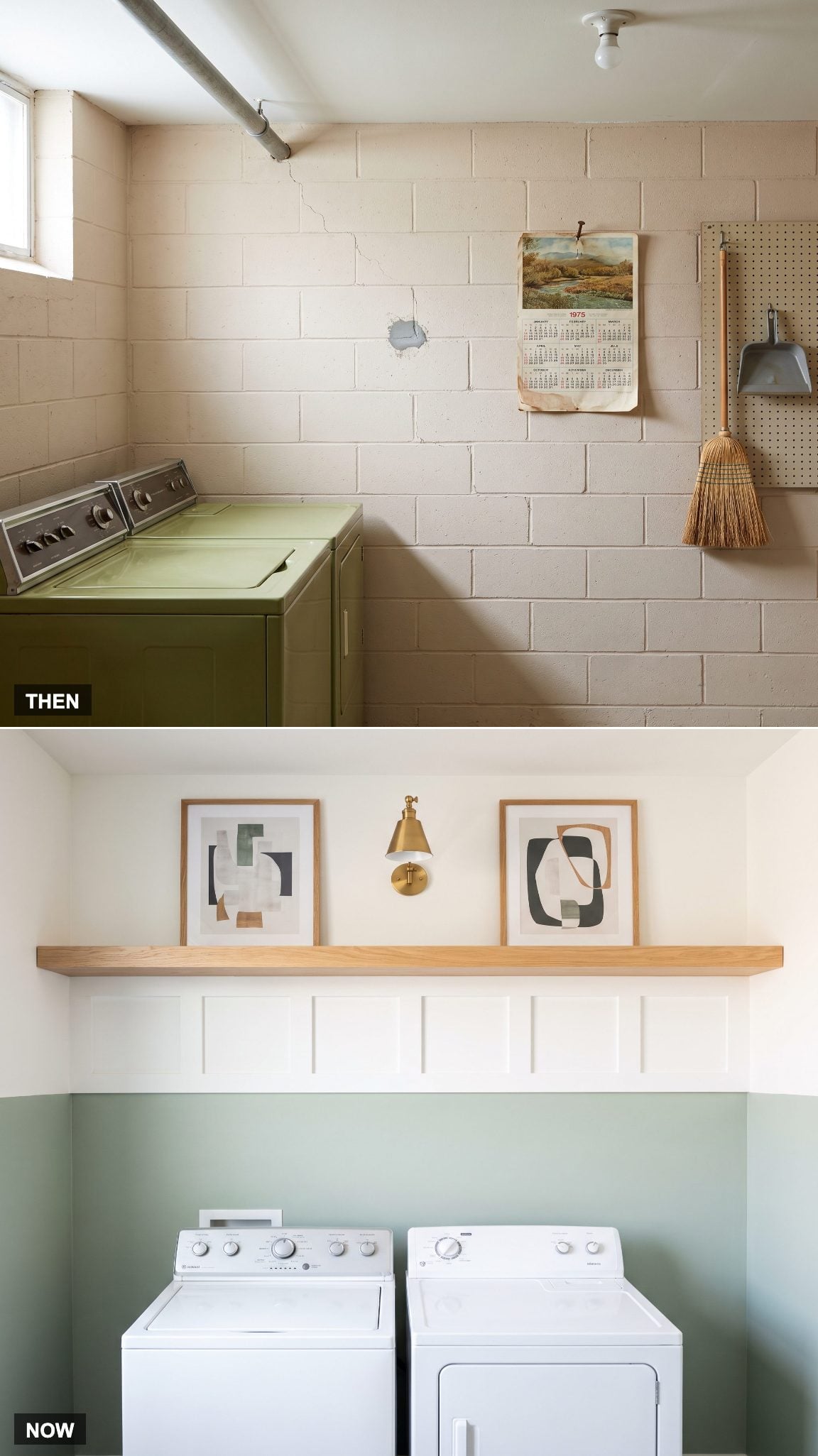 Bare basement laundry walls transformed with finished drywall and millwork