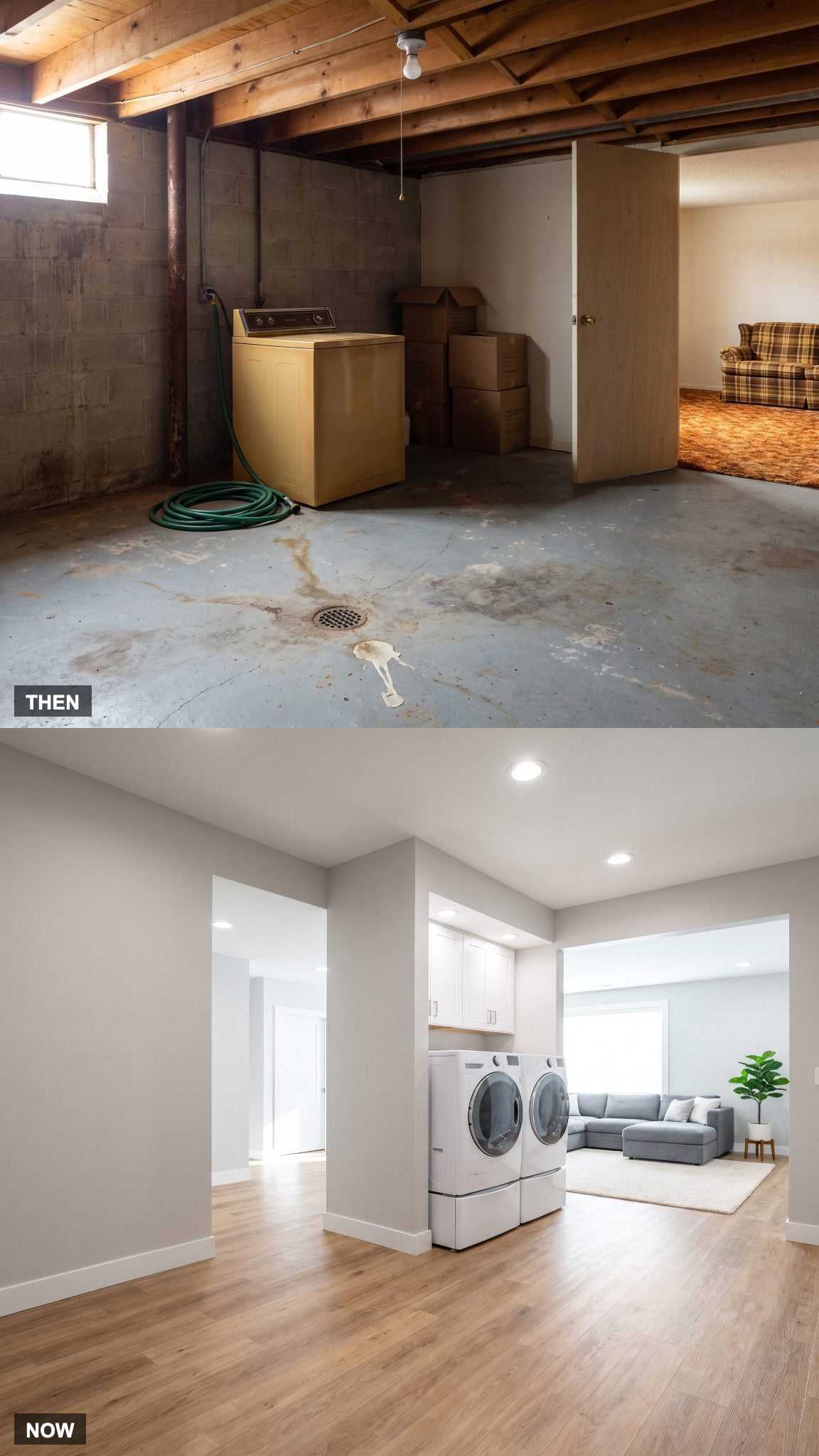 Bare Concrete in the Unfinished Half → Finished Flooring Throughout