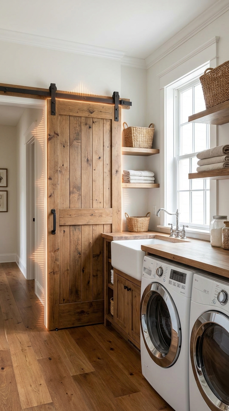 Laundry room with a sliding barn door that hangs off the wall with gaps around the edges, sealing nothing.