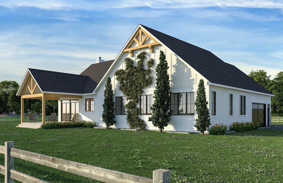 Board-and-Batten White Walls and a Timber Gable That Mean Business