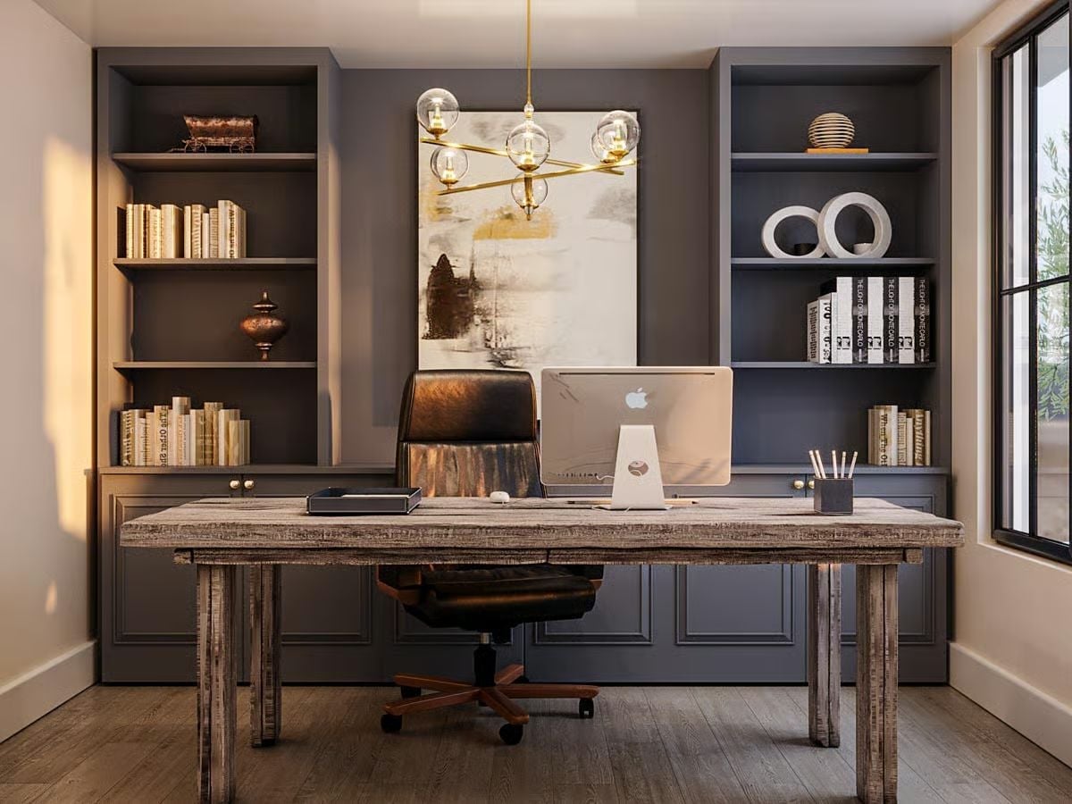 Reclaimed Wood Desk Against a Dark Wall Does the Heavy Lifting Here