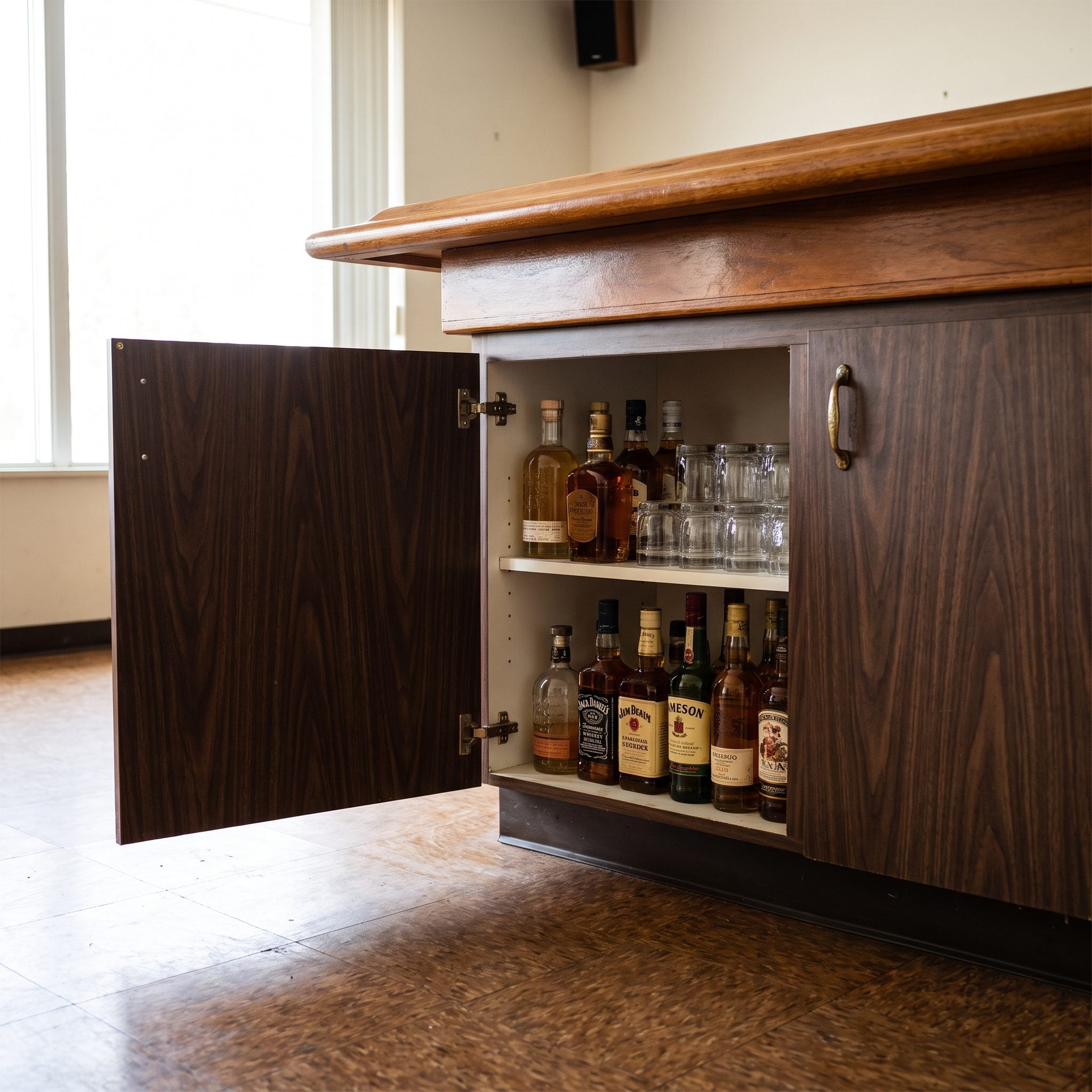 The Base Cabinets for Bottles, Glasses, and Bar Supplies, About $150 to $400 in 1976