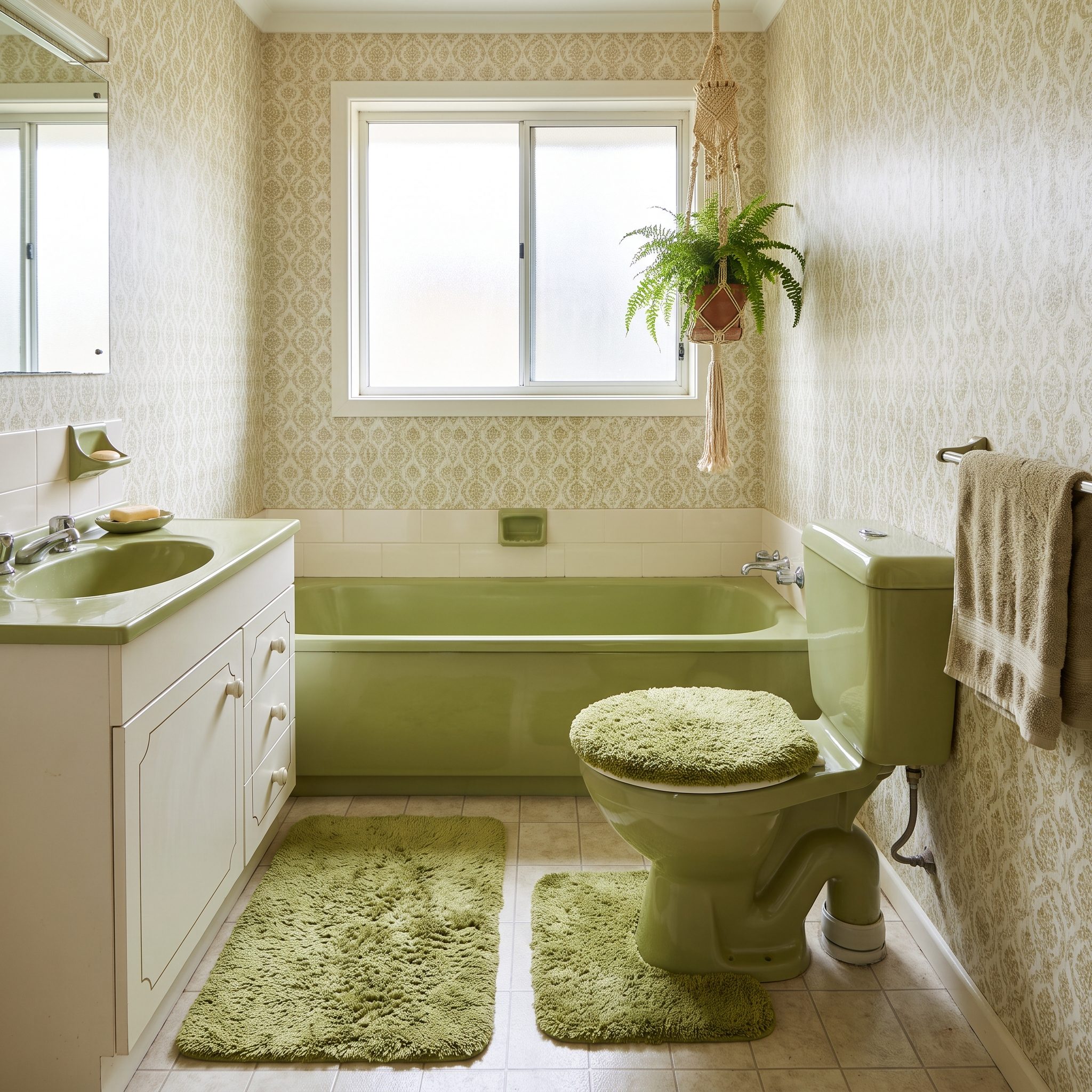 The Bath Rug, Toilet Rug, and Lid Cover Set: Around $10 to $25 in the 1970s
