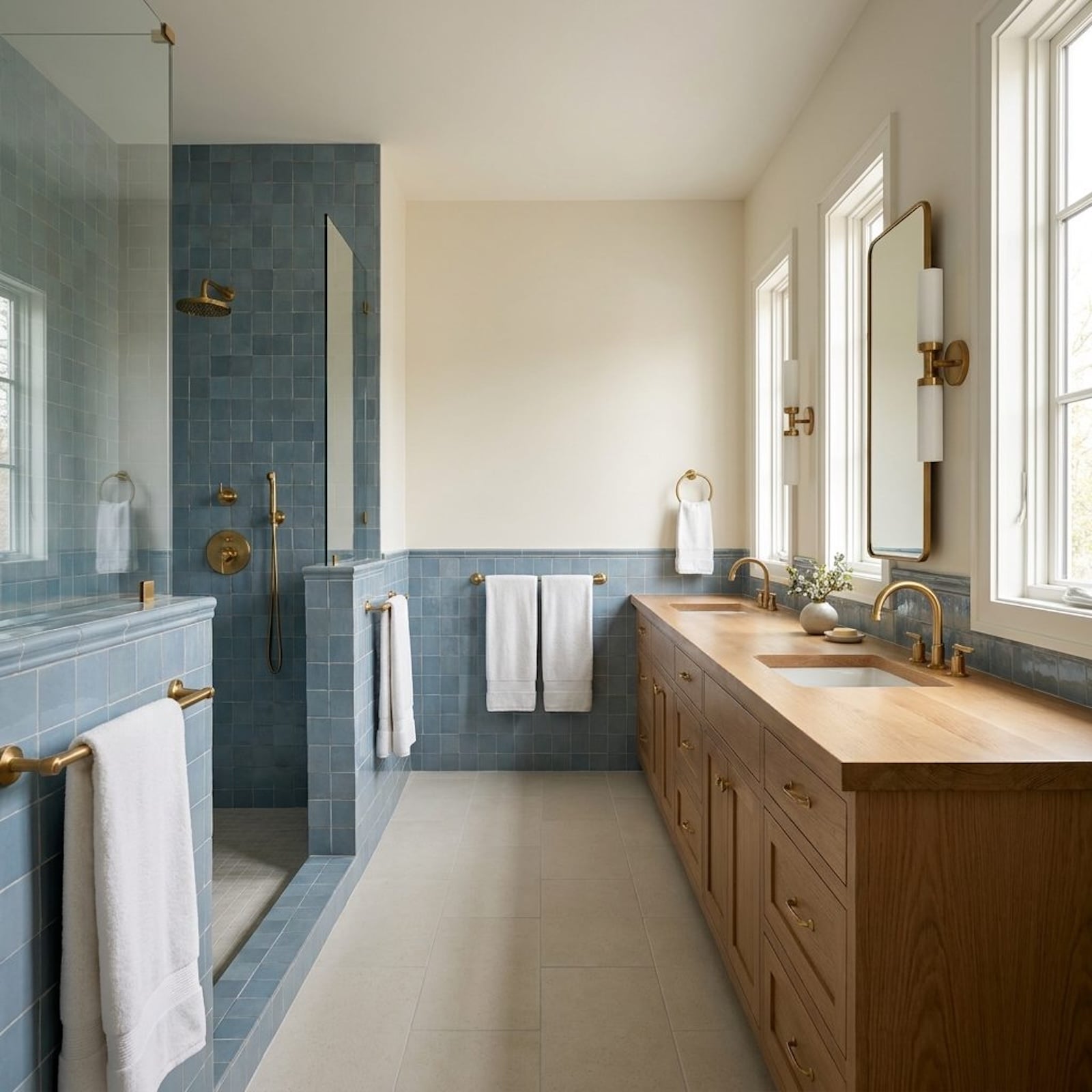 Colorful 1980s-inspired bathroom with curved forms, warm wood, and patterned finishes