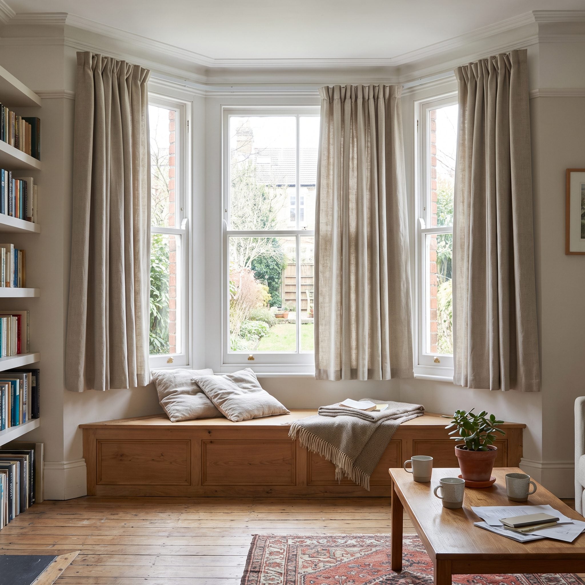 Bay window with floor-length curtains on the two side windows and short panels stopping at the cushion on the center window
