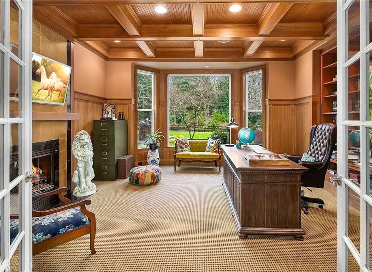 Coffered Wood Ceiling, a Globe on the Desk, and a Filing Cabinet That's Clearly Staying