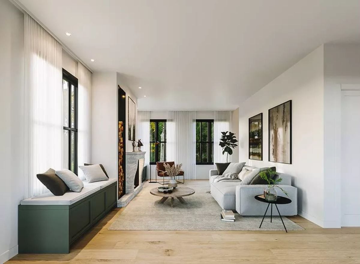 Dark-Trimmed Windows and a Window Bench That Actually Invites You to Sit
