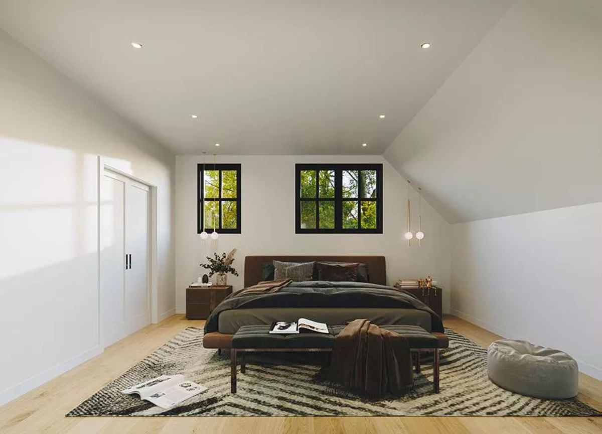 Sloped Ceilings and a Brown Leather Headboard That Don't Need to Try Hard