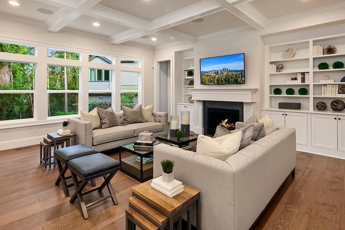 Coffered Ceiling, Built-Ins on Both Sides, and a Fireplace Nobody Has to Fight Over