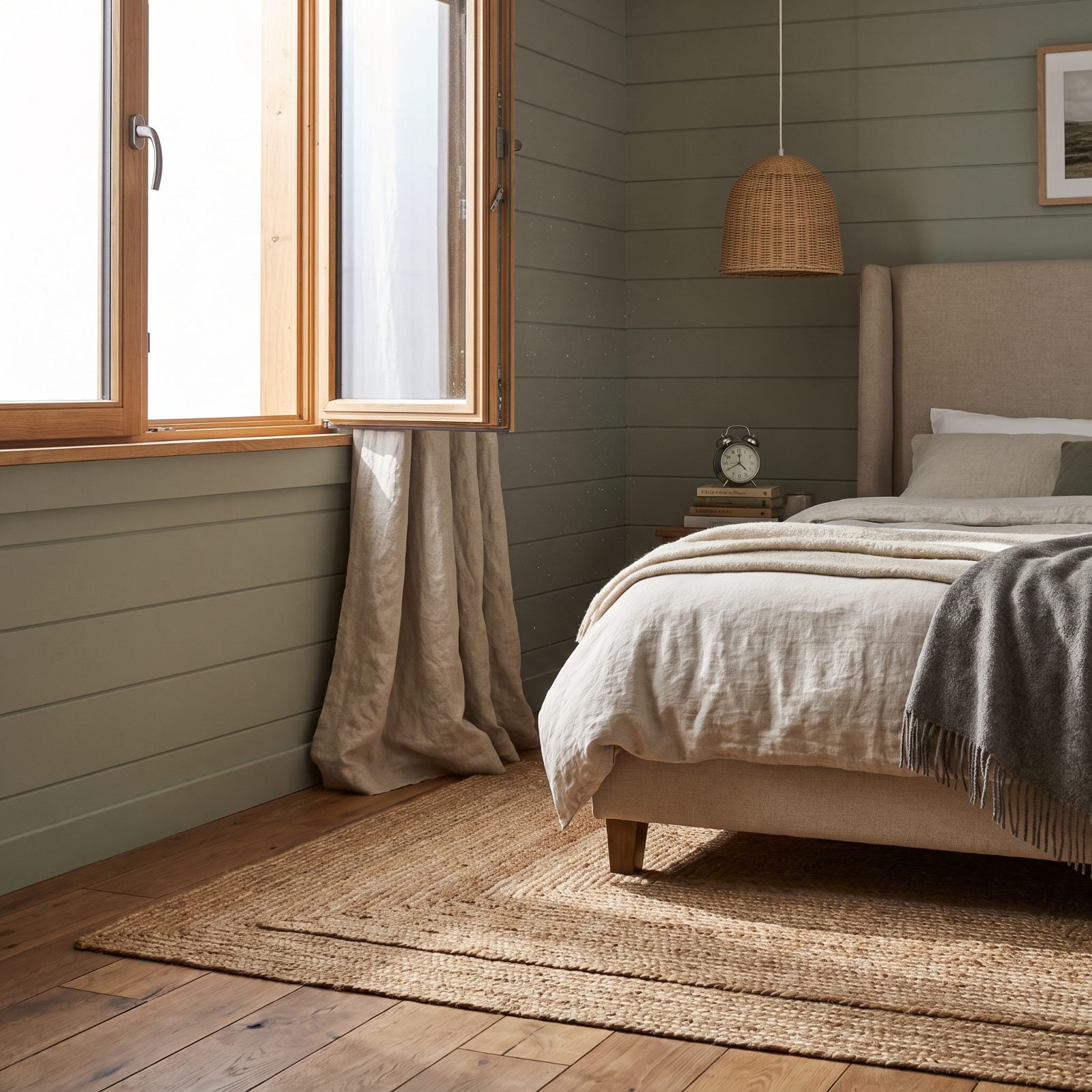 Bedroom with an inward-opening window blocked partway by the headboard so it cannot open fully.