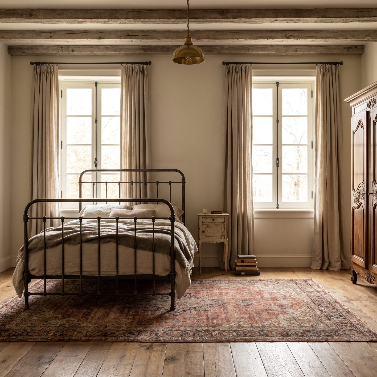 Symmetrical bedroom with two matching windows where the bed sits under one window instead of centered between them.