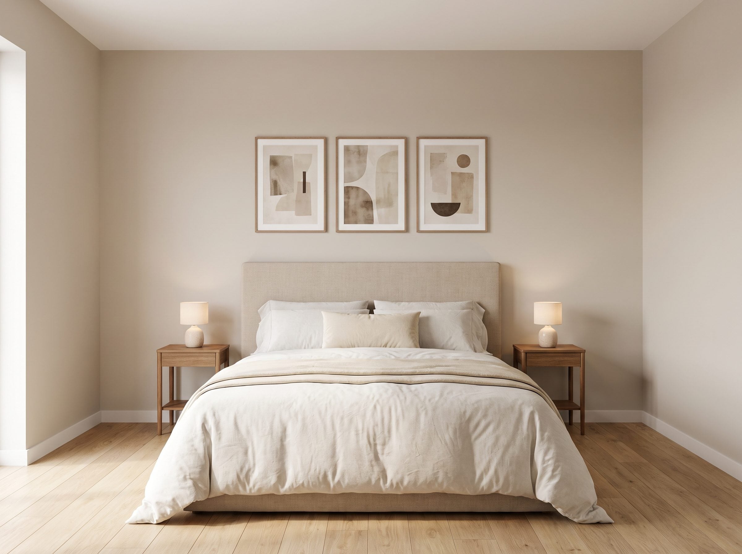 Compact bedroom with a queen bed centered on the solid wall, 24 inches of clearance on each side, and a 6-by-9 rug running