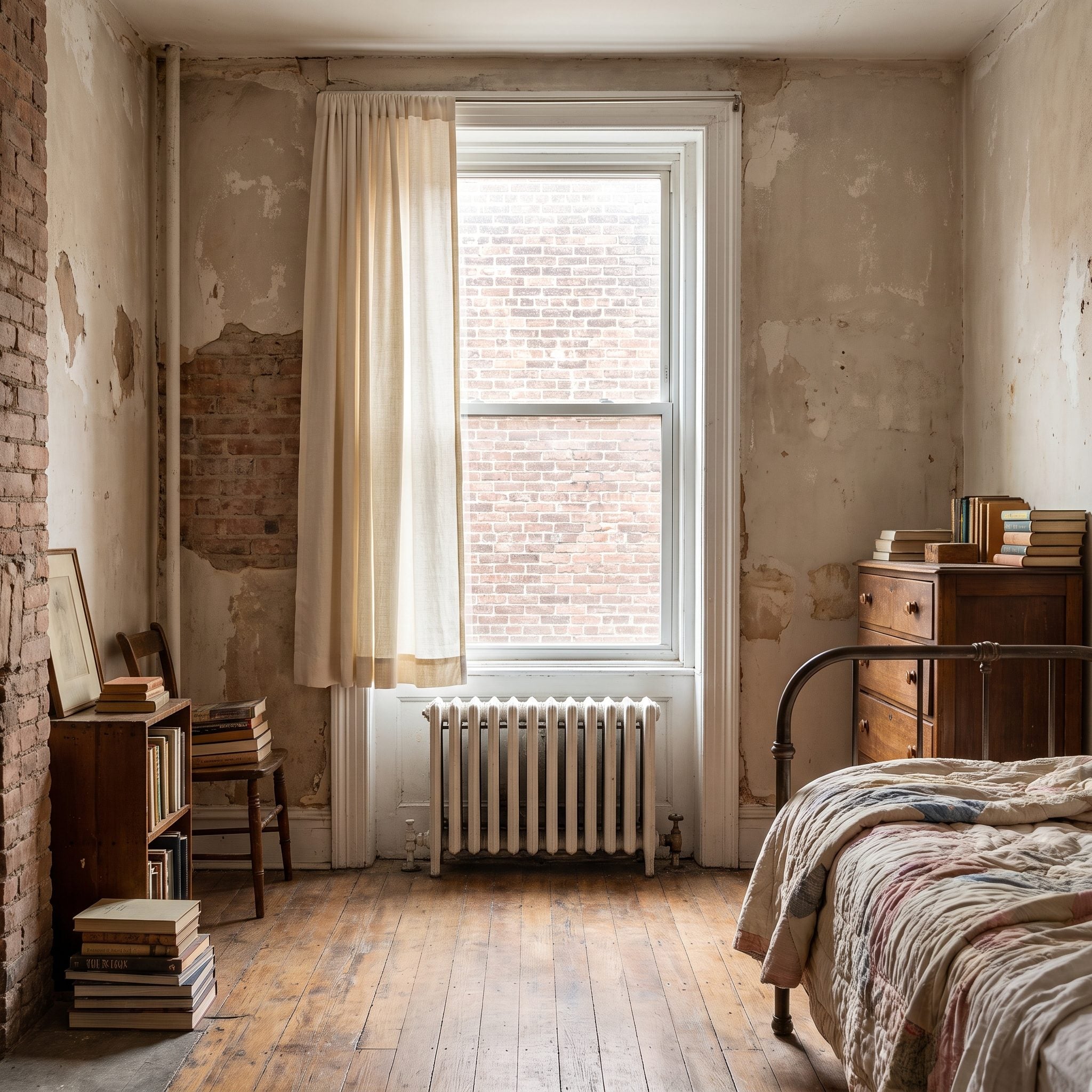 Bedroom with linen curtains ending about two inches above the top of a white cast-iron radiator under the window.