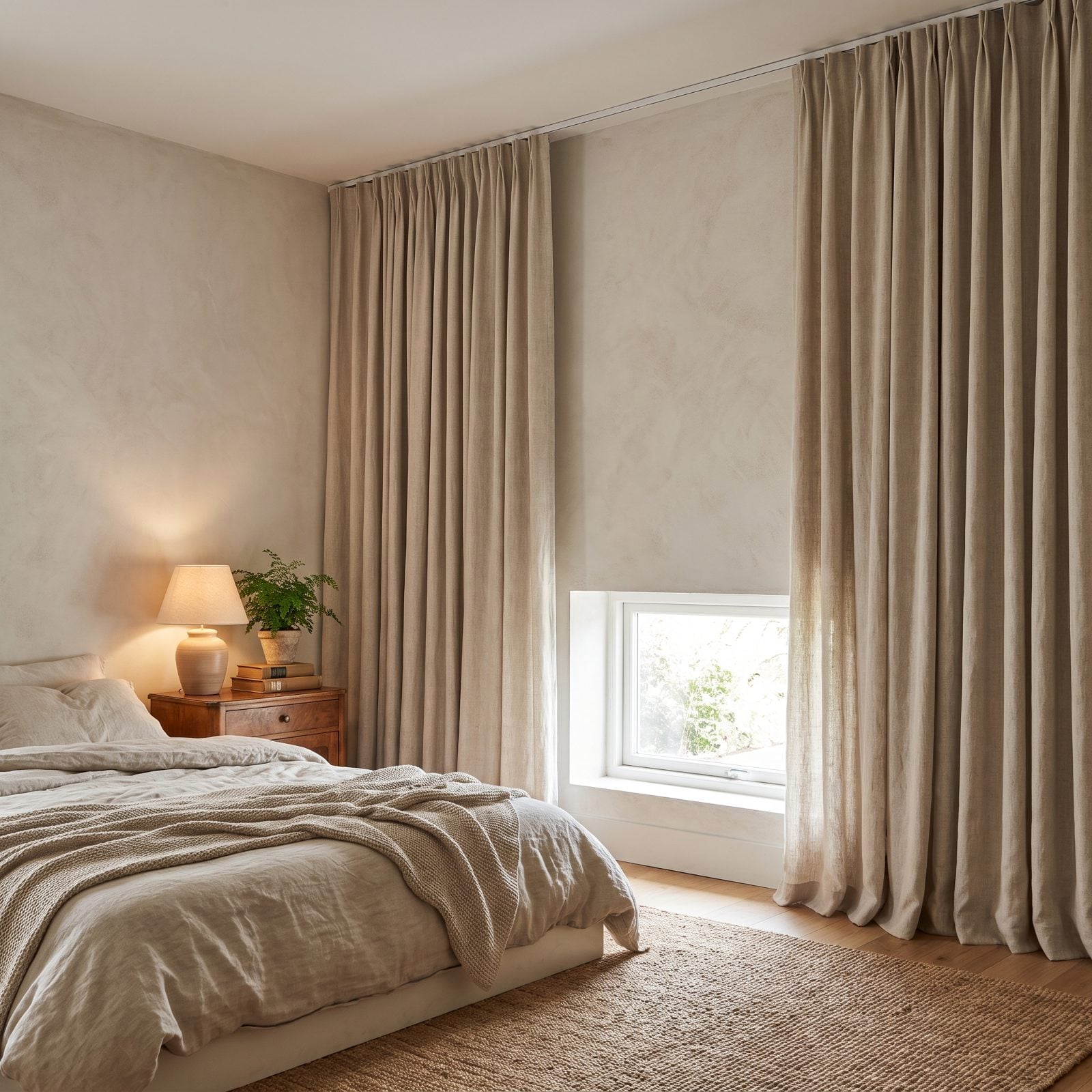 Bedroom Where Ceiling-High Curtains Stretch a Short, Stubby Window