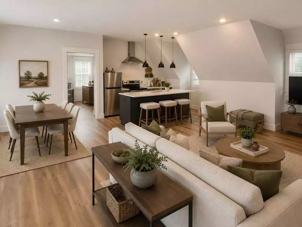 Cream Sofas, Dark Island, Three Pendant Lights That Actually Line Up