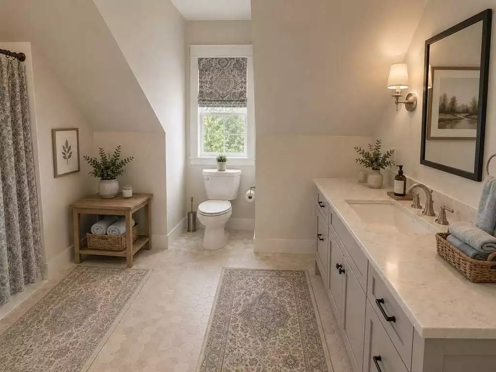Hexagon Tile, Roman Shade, and a Vanity Long Enough to Mean It