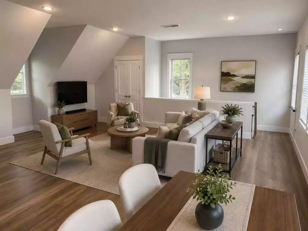 Sloped Ceiling, Soft Neutrals, and a Sofa That Finally Has Somewhere to Land