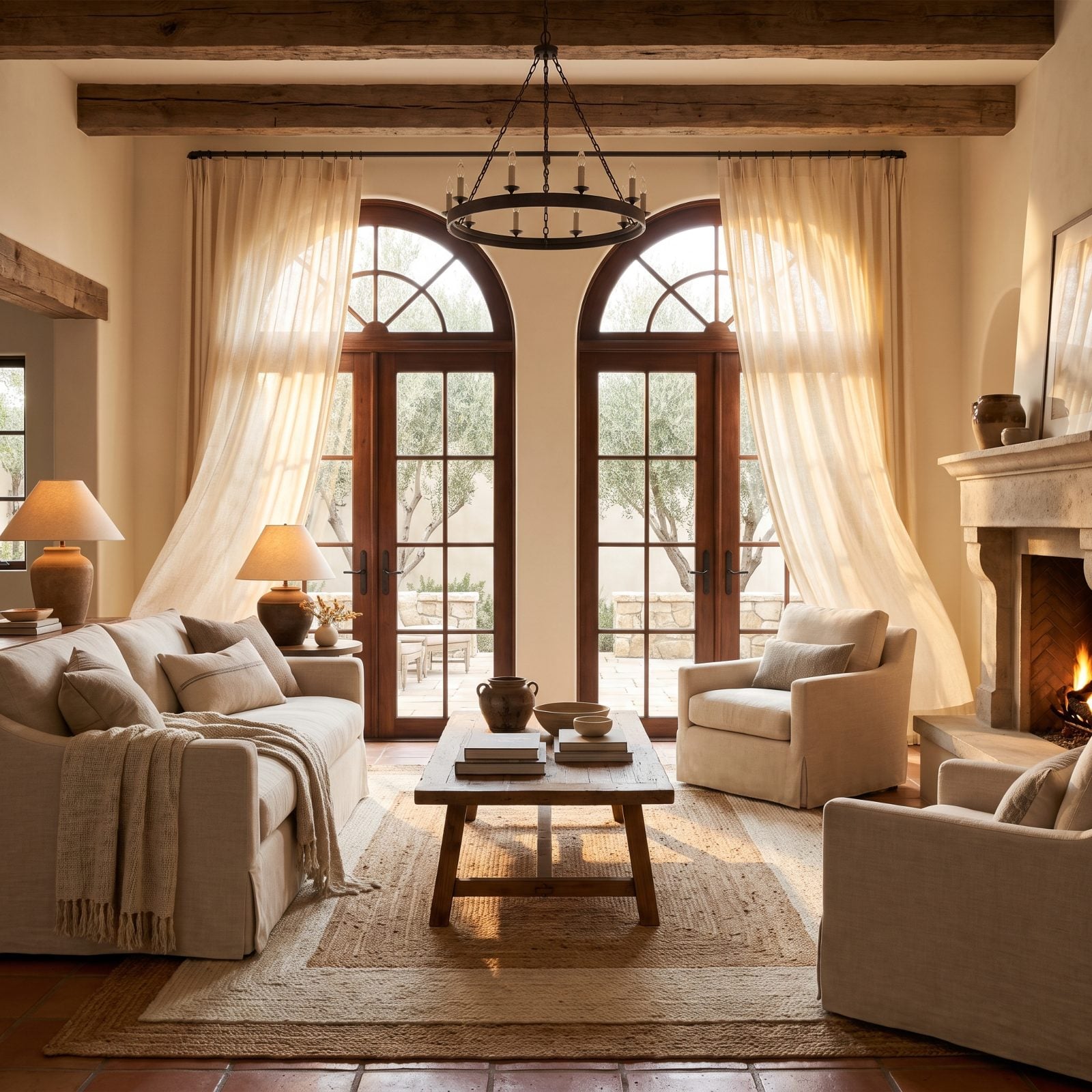 Belgian Linen Drapes Framing Mediterranean French Doors