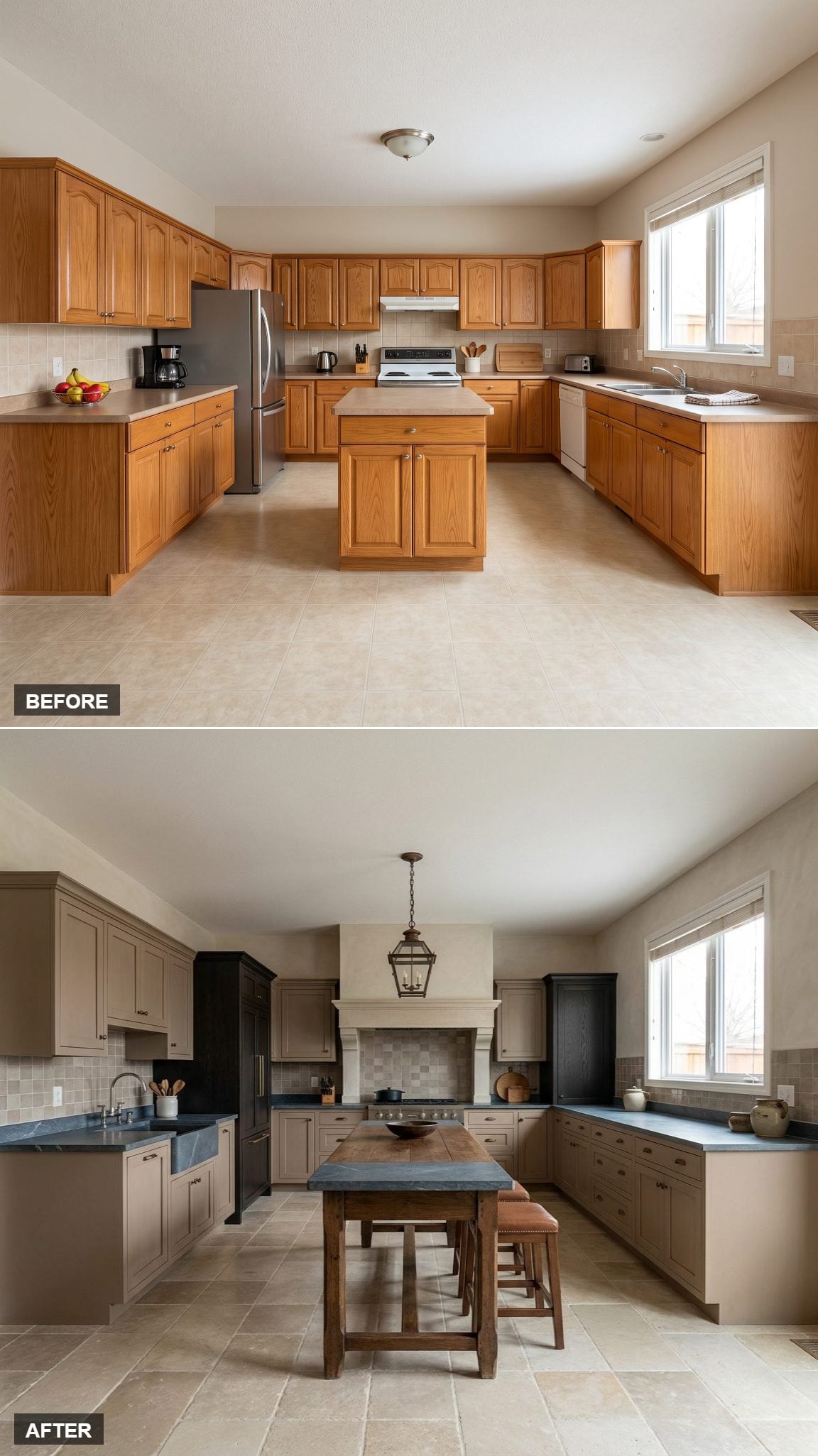A Belgian Manor Worktable Kitchen in Mushroom Cabinetry, Ebonized Oak, and Honed Blue Limestone