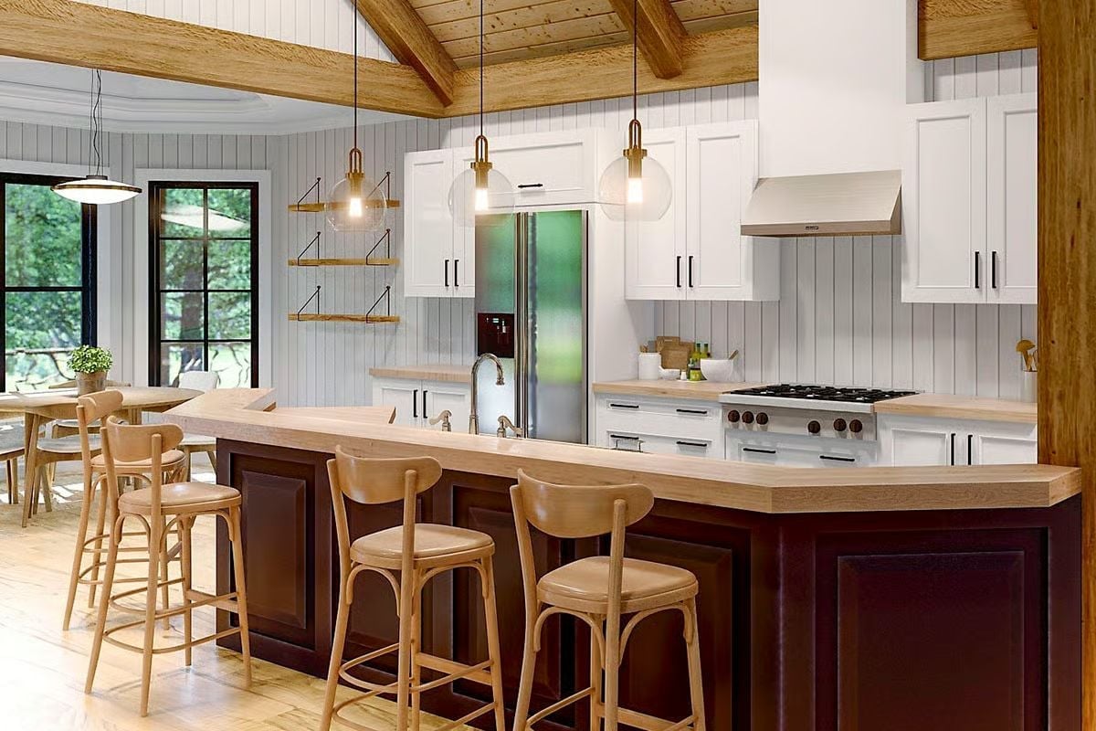 Dark Island Base, Light Wood Top, and Pendants That Don't Overstay Their Welcome