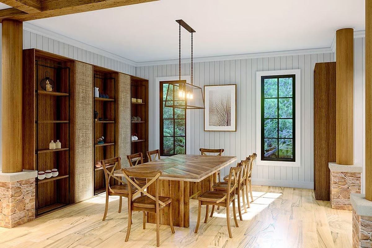 Herringbone Dining Table, Stone Column Bases, and Shelves That Actually Hold Something