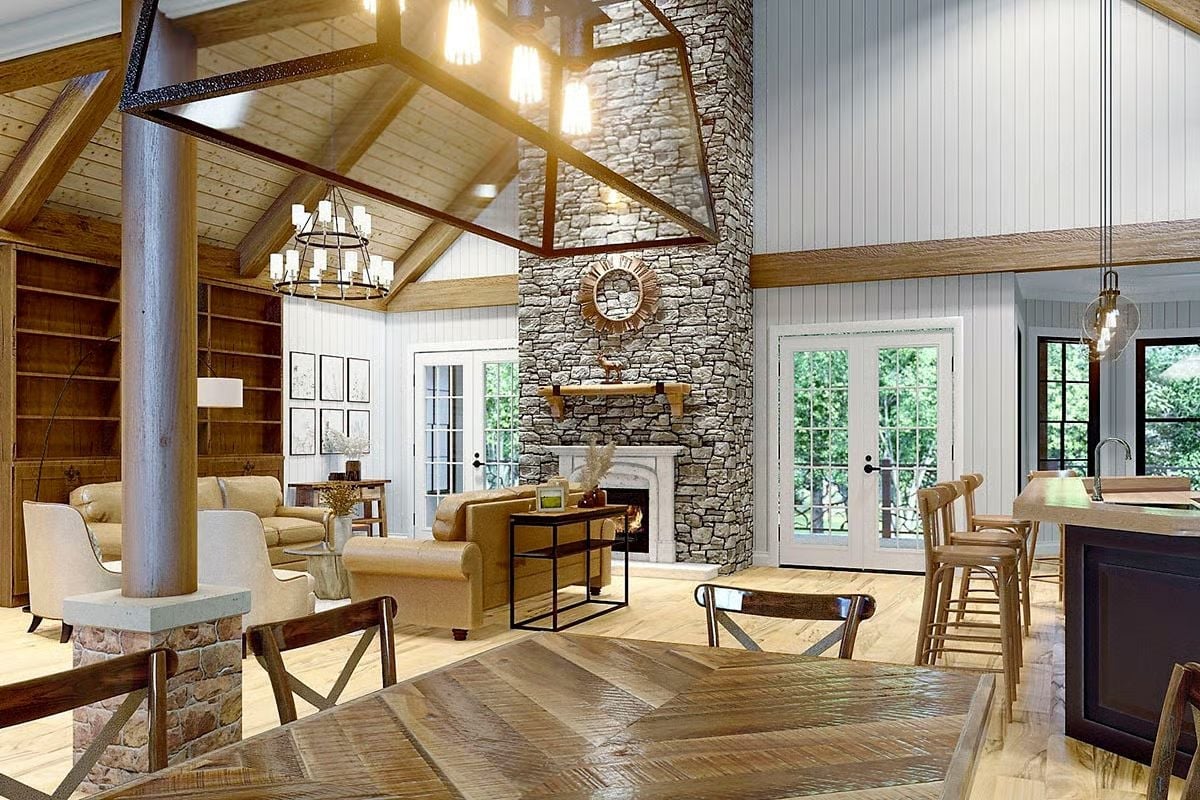 Stone Column, Cathedral Ceiling, and a Fireplace That Earns the Room
