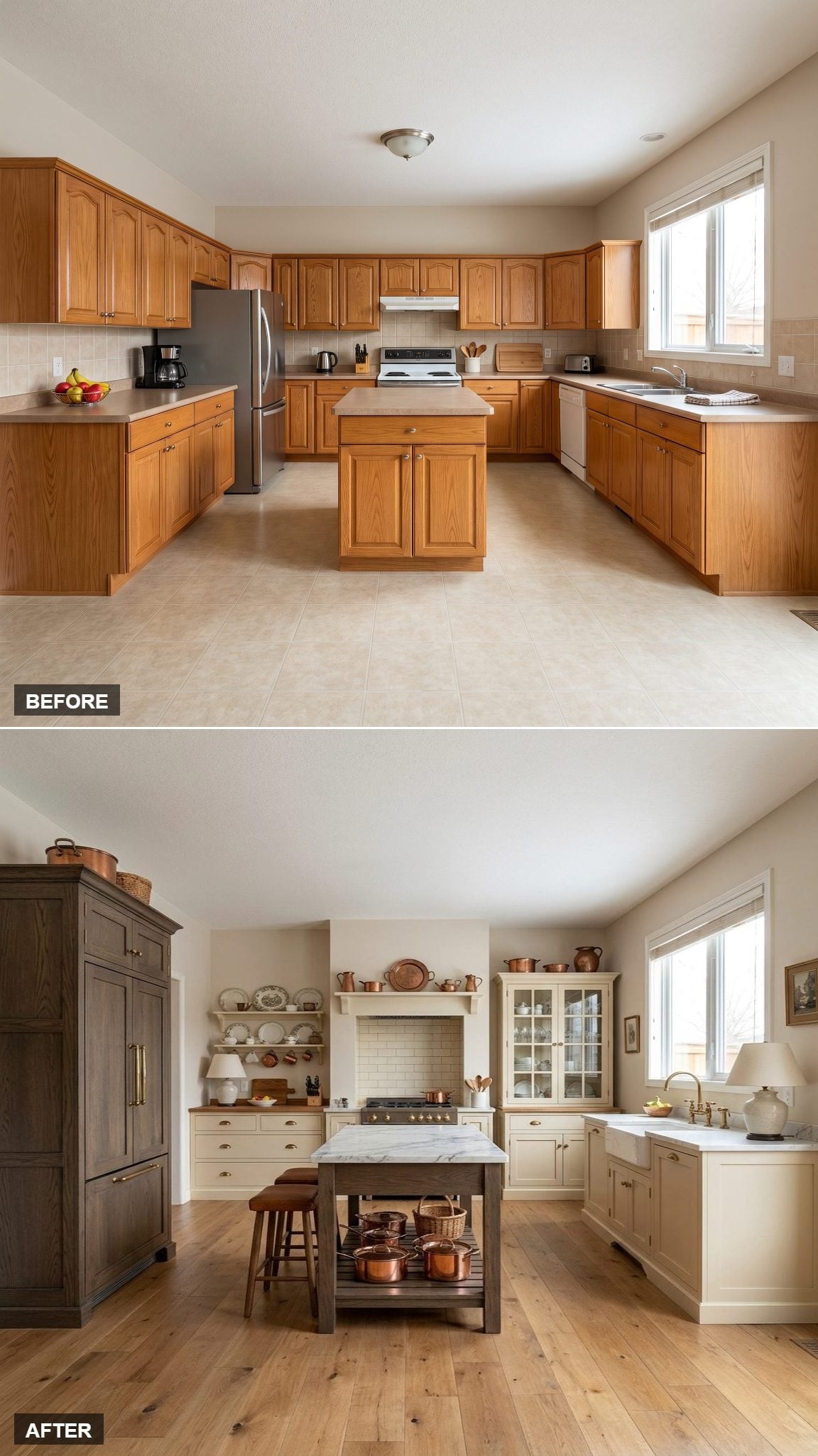 Bespoke English Country: Warm-Ivory Cabinetry Broken Into Armoire, Dresser, and Glazed Hutch